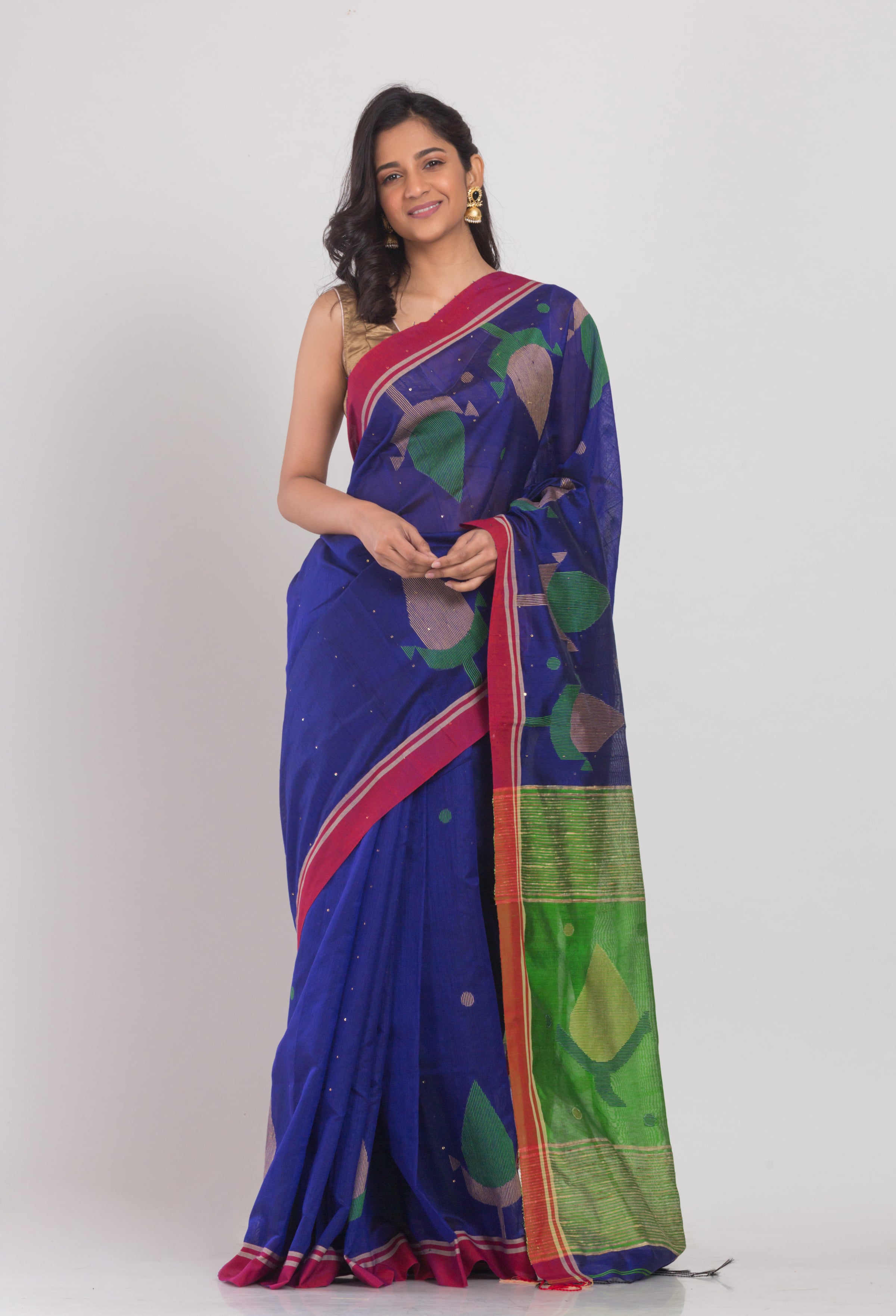 Women's Blue Cotton Blend Handloom Jamdani Saree - Piyari Fashion