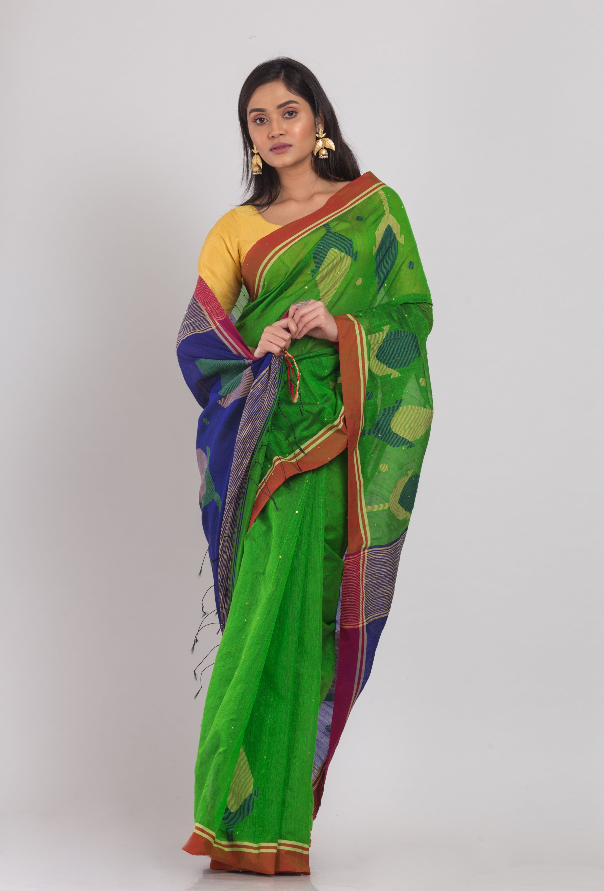 Women's Green Cotton Blend Handloom Jamdani Saree - Piyari Fashion