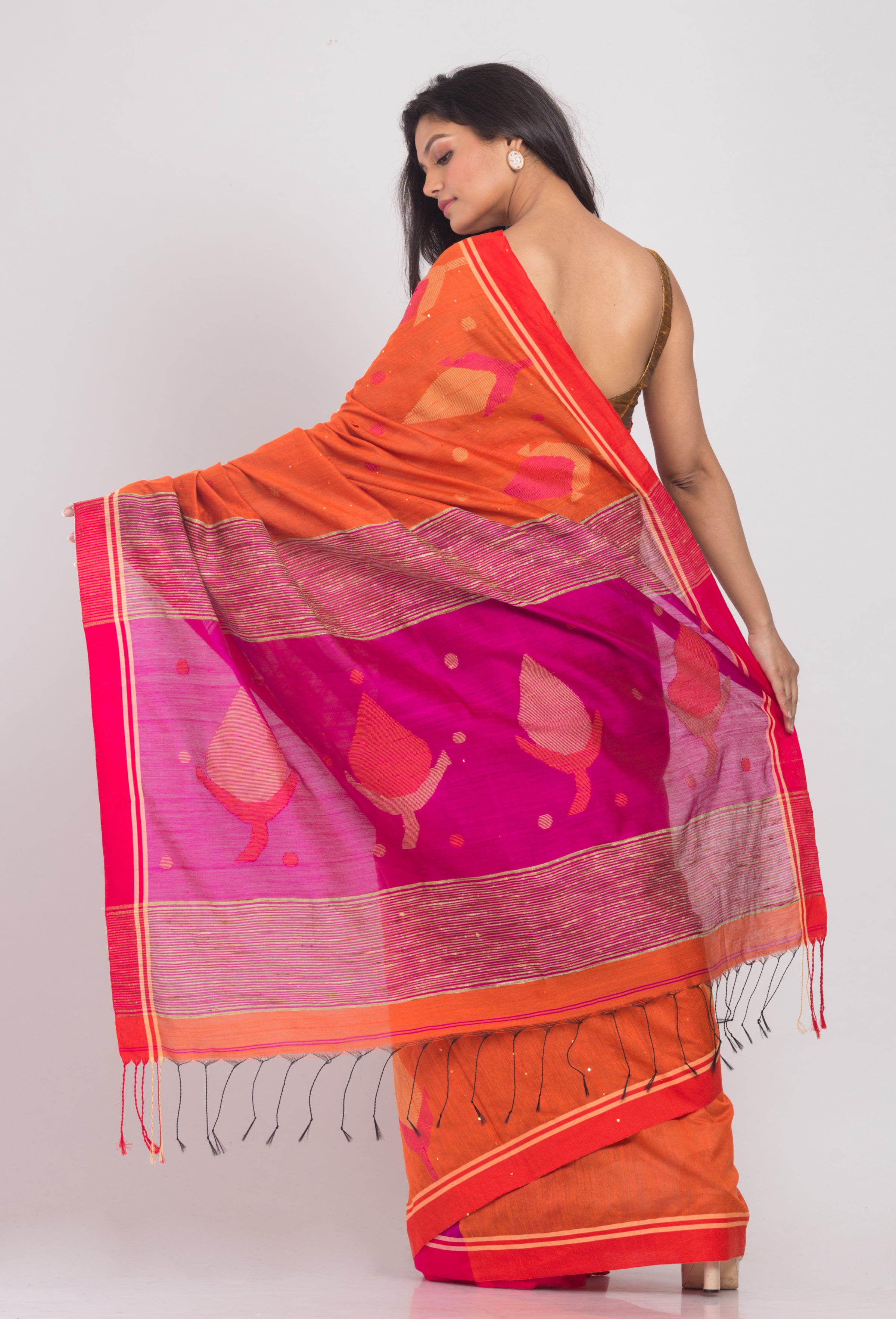 Women's Orange Cotton Blend Handloom Jamdani Saree - Piyari Fashion