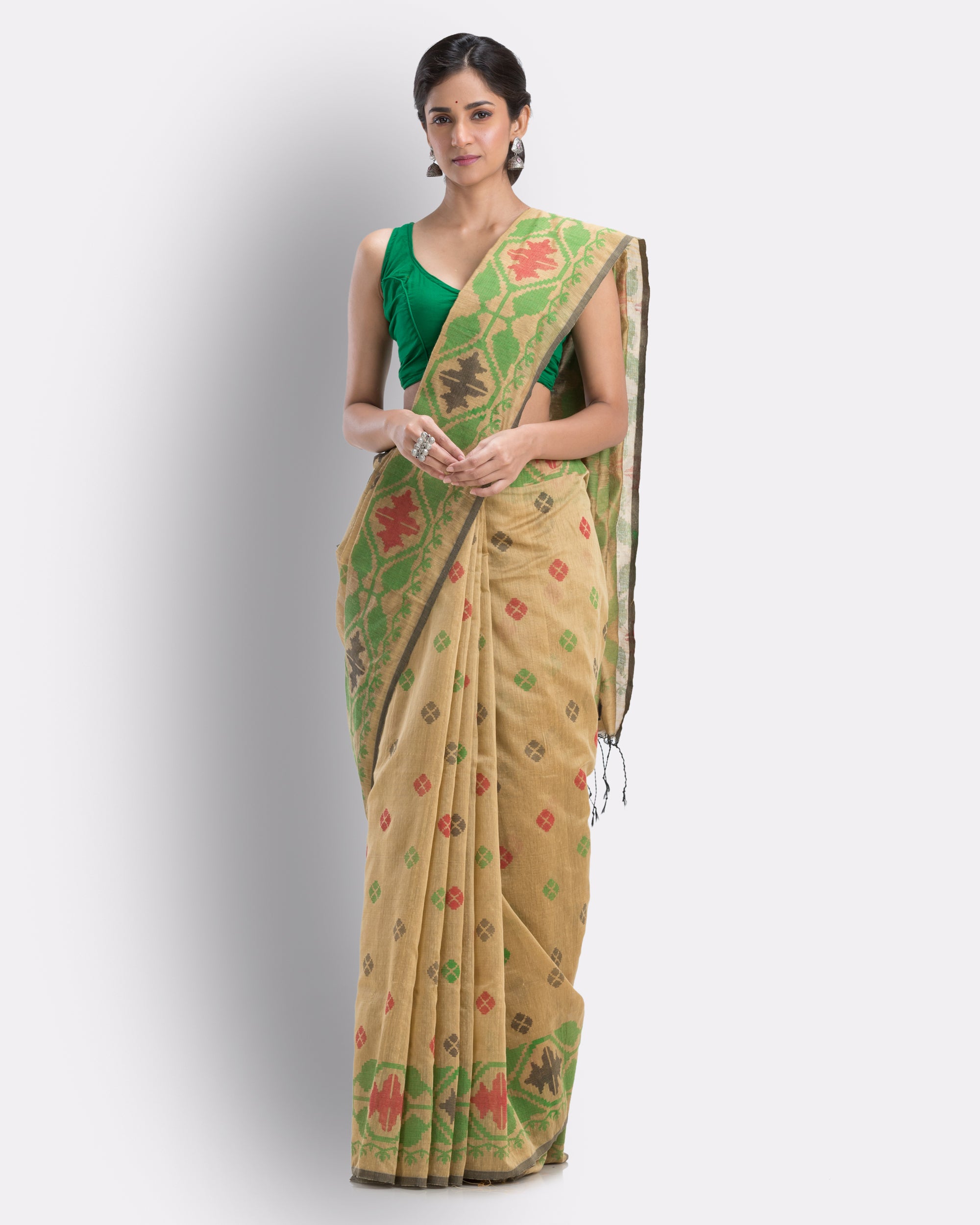 Women's Beige Cotton Blend Handloom Printed Saree - Piyari Fashion