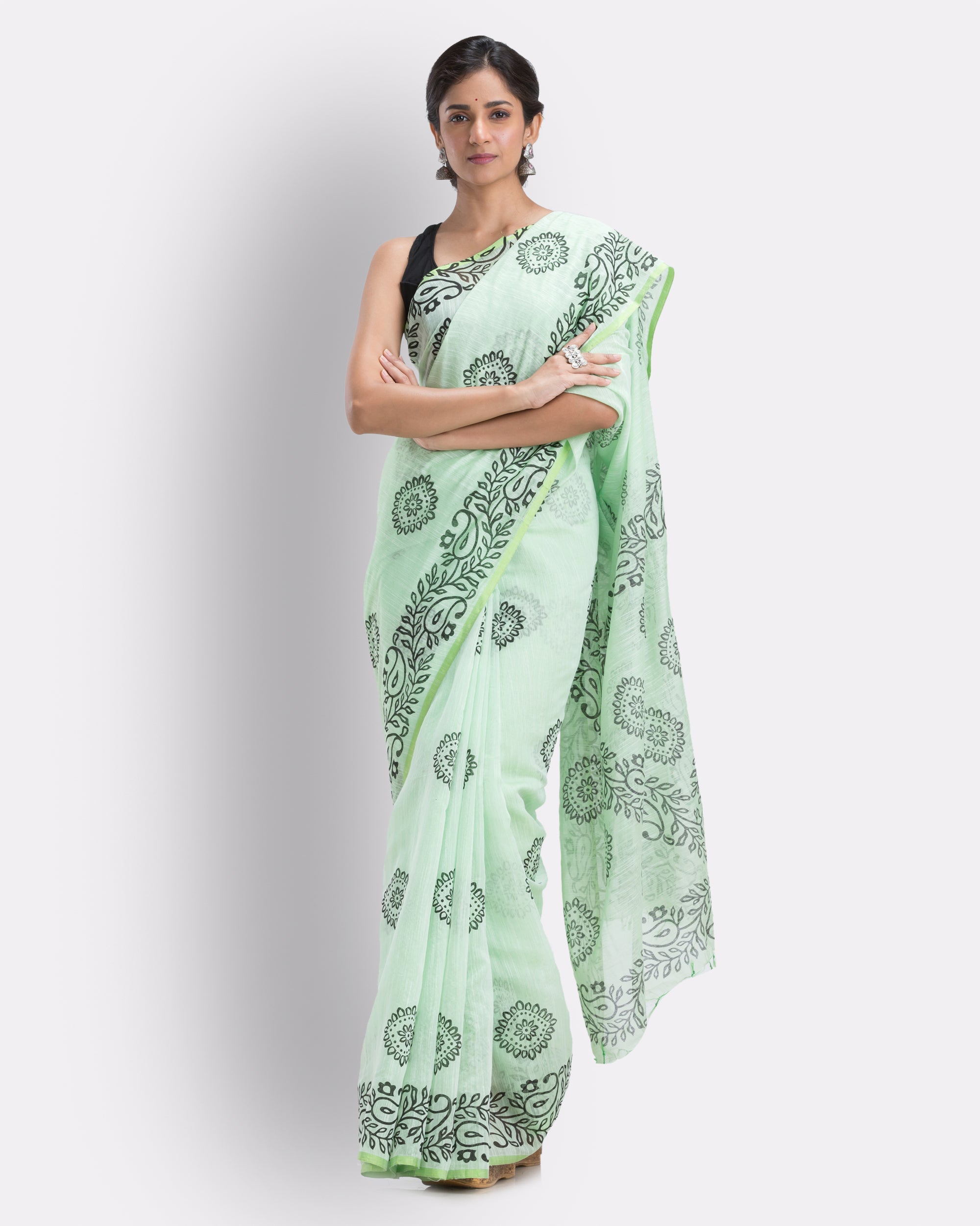 Women's Pale Green Cotton Blend Handloom Printed Saree - Piyari Fashion