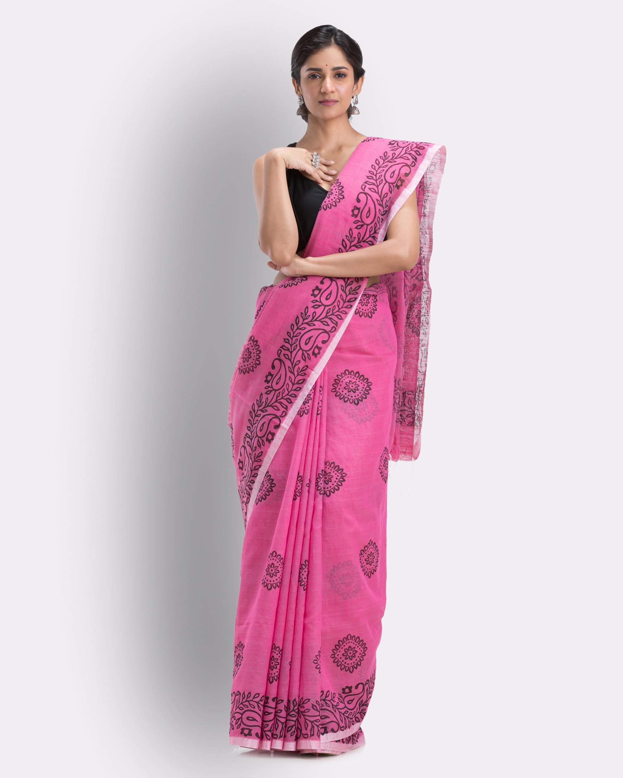 Women's Pink Cotton Blend Handloom Printed Saree - Piyari Fashion