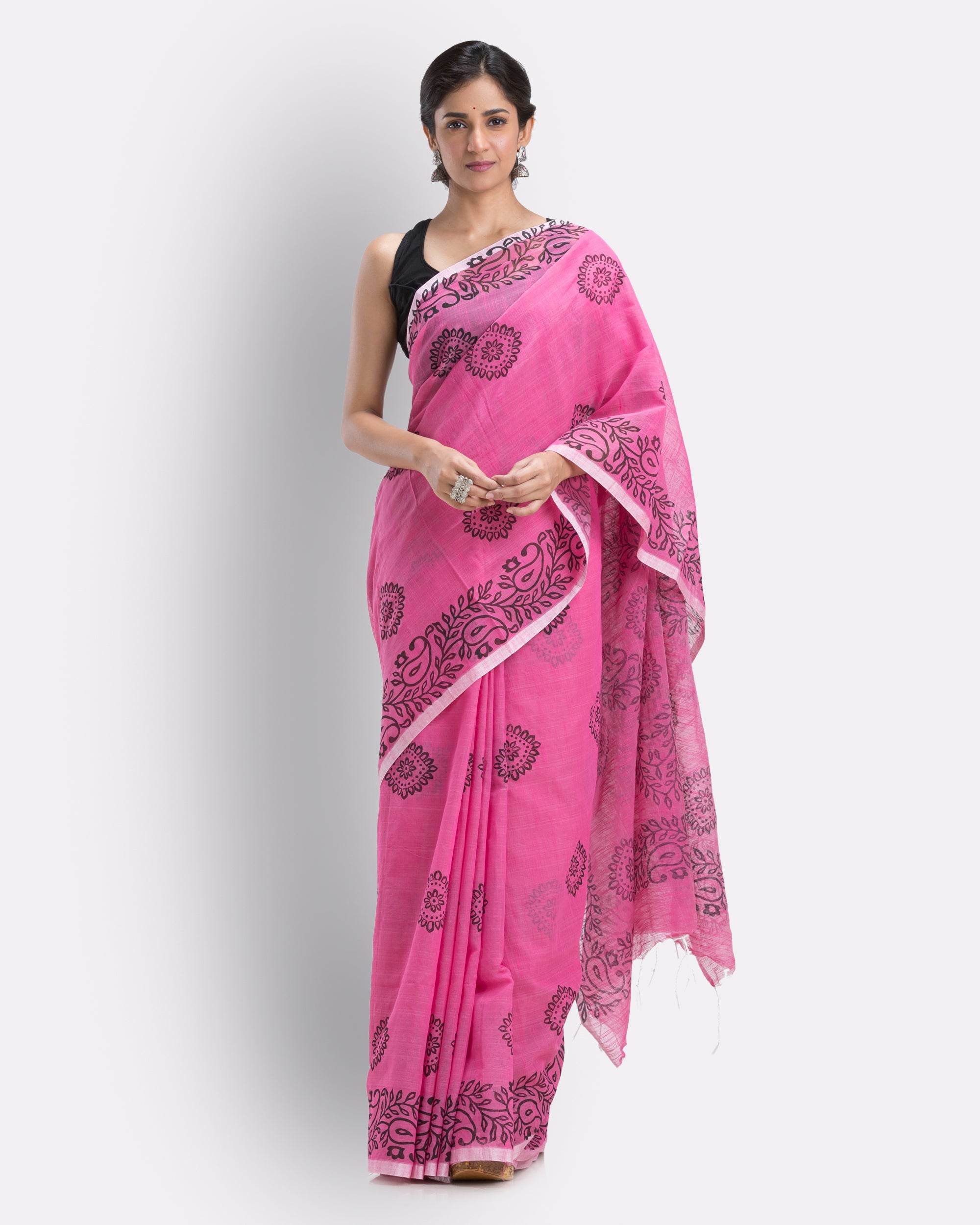 Women's Pink Cotton Blend Handloom Printed Saree - Piyari Fashion