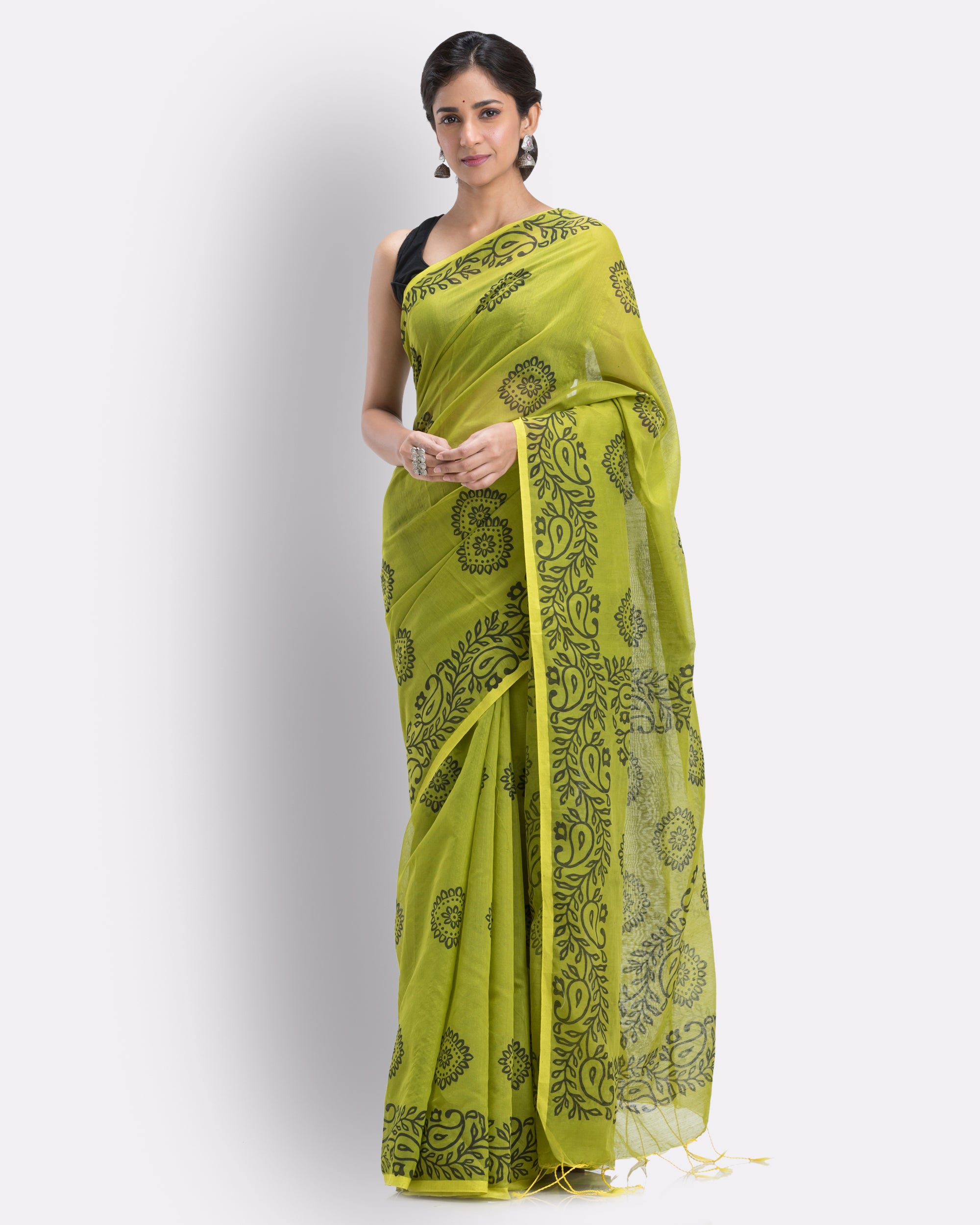 Women's Olive Cotton Blend Handloom Printed Saree - Piyari Fashion