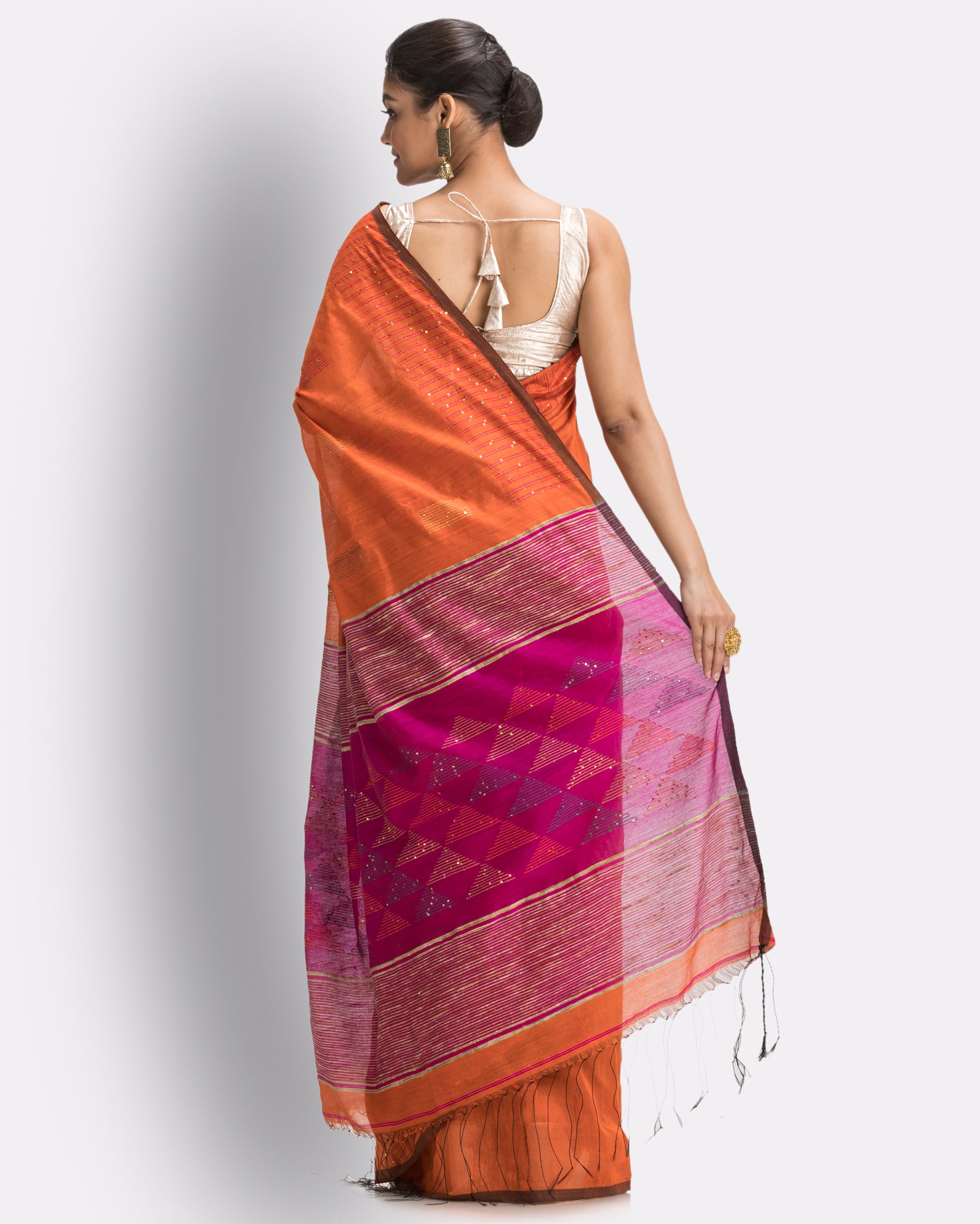 Women's Orange Cotton Blend Handloom Saree - Piyari Fashion
