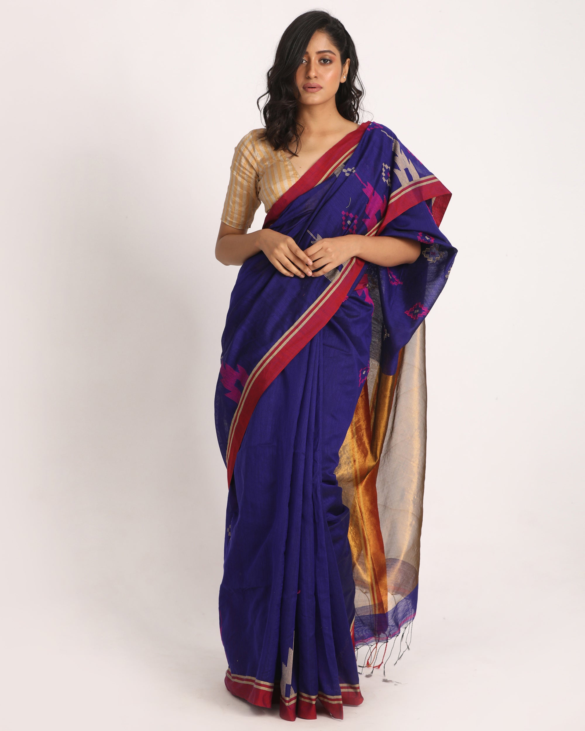 Women's Blue Cotton Blend Handloom Saree - Piyari Fashion