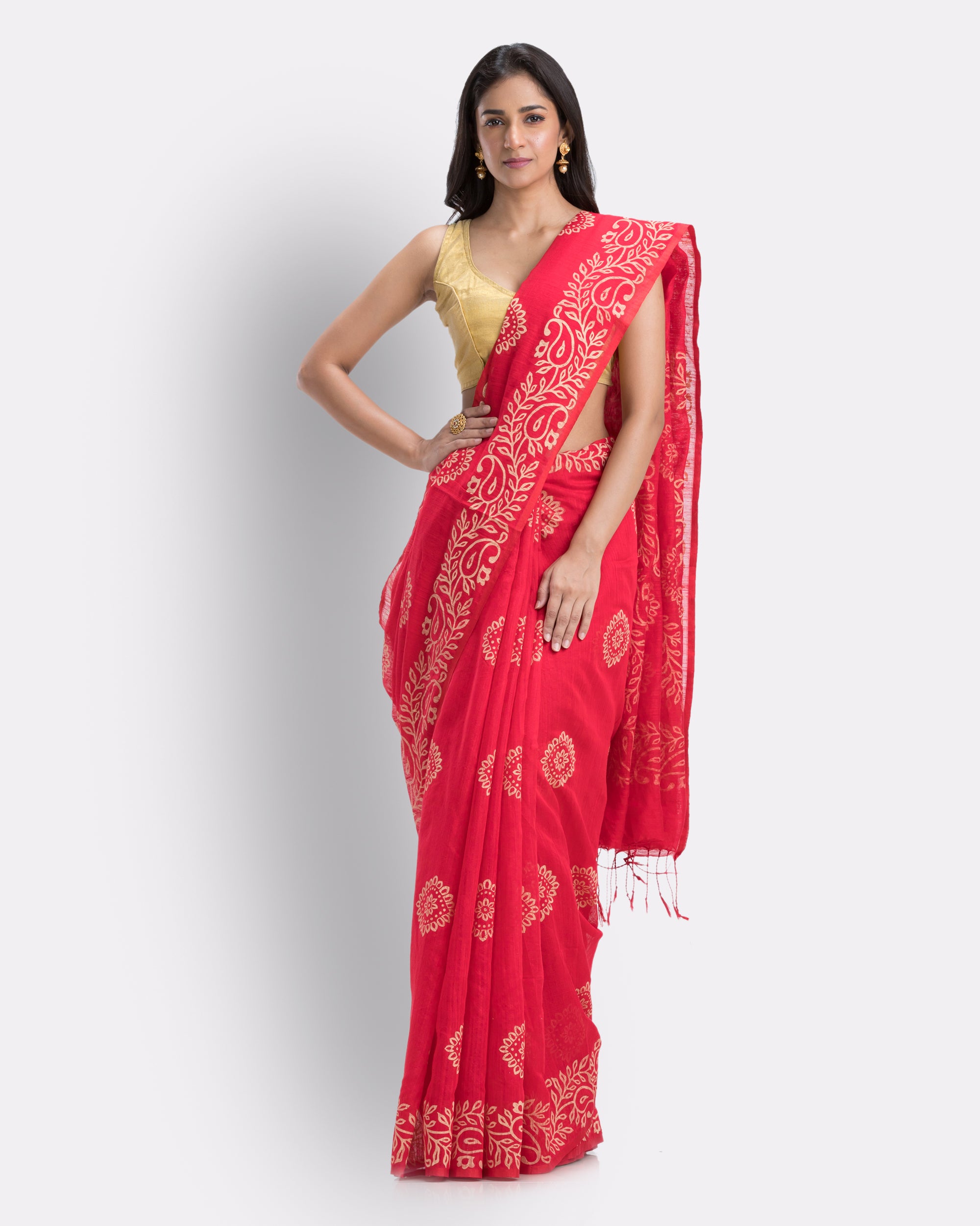 Women's Red Cotton Blend Handloom Printed Saree - Piyari Fashion
