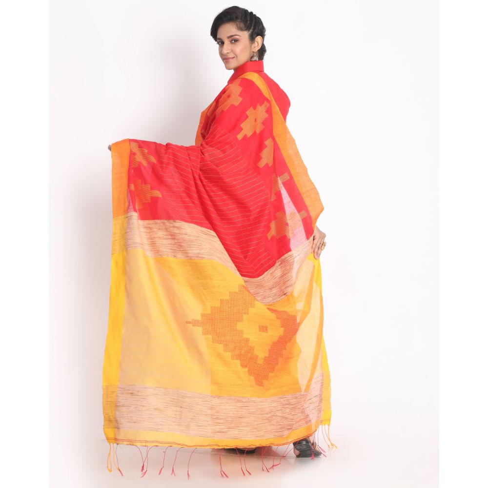 Women's Red Cotton Blend Handloom Saree - Piyari Fashion