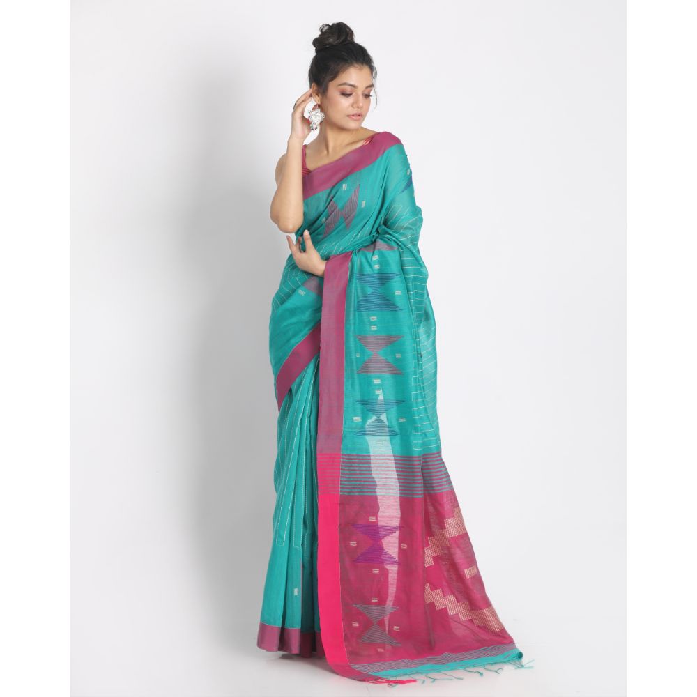 Women's Turquoise Cotton Blend Handloom Saree - Piyari Fashion