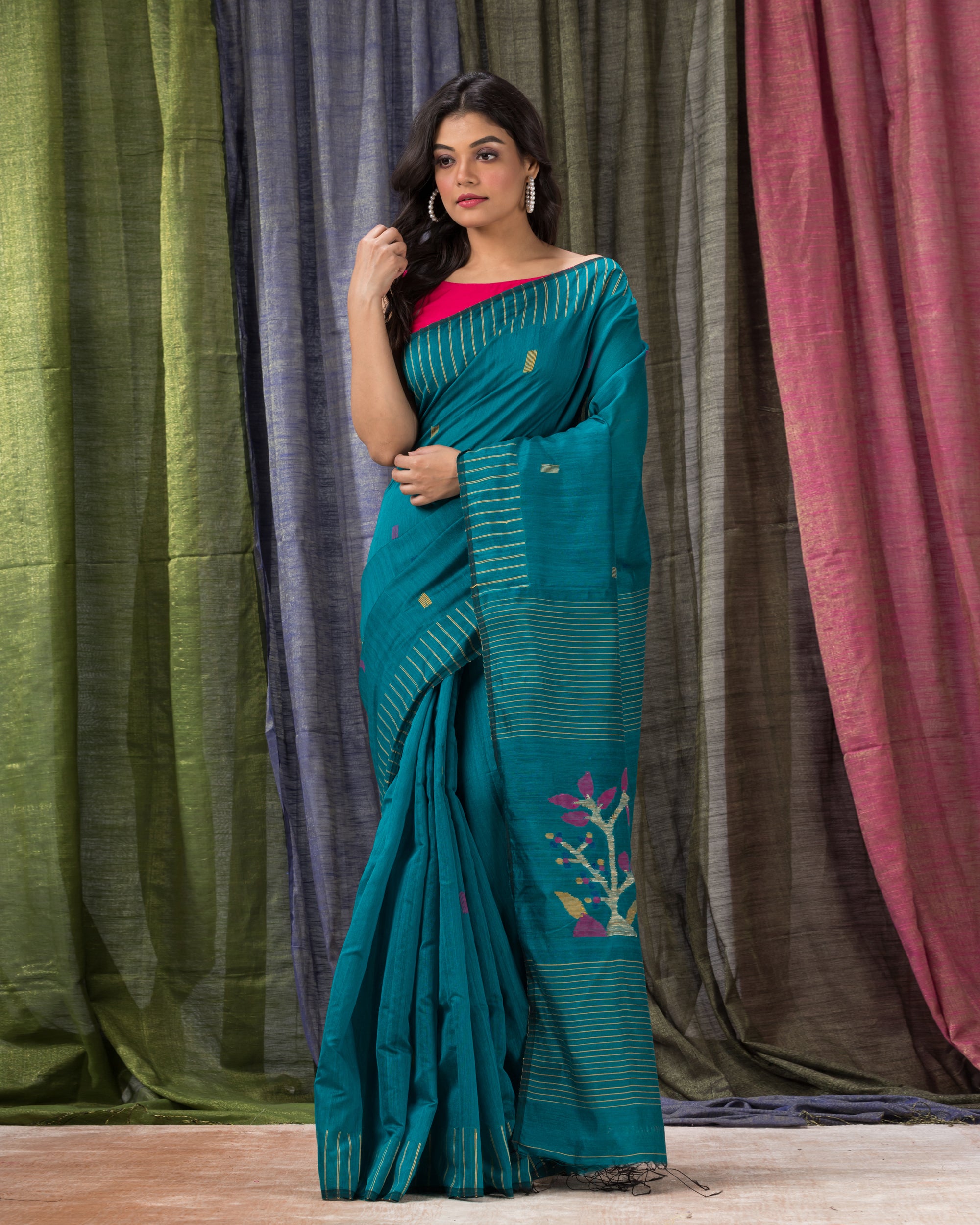 Women's Teal Cotton Blend Handloom Jamdani Saree - Piyari Fashion