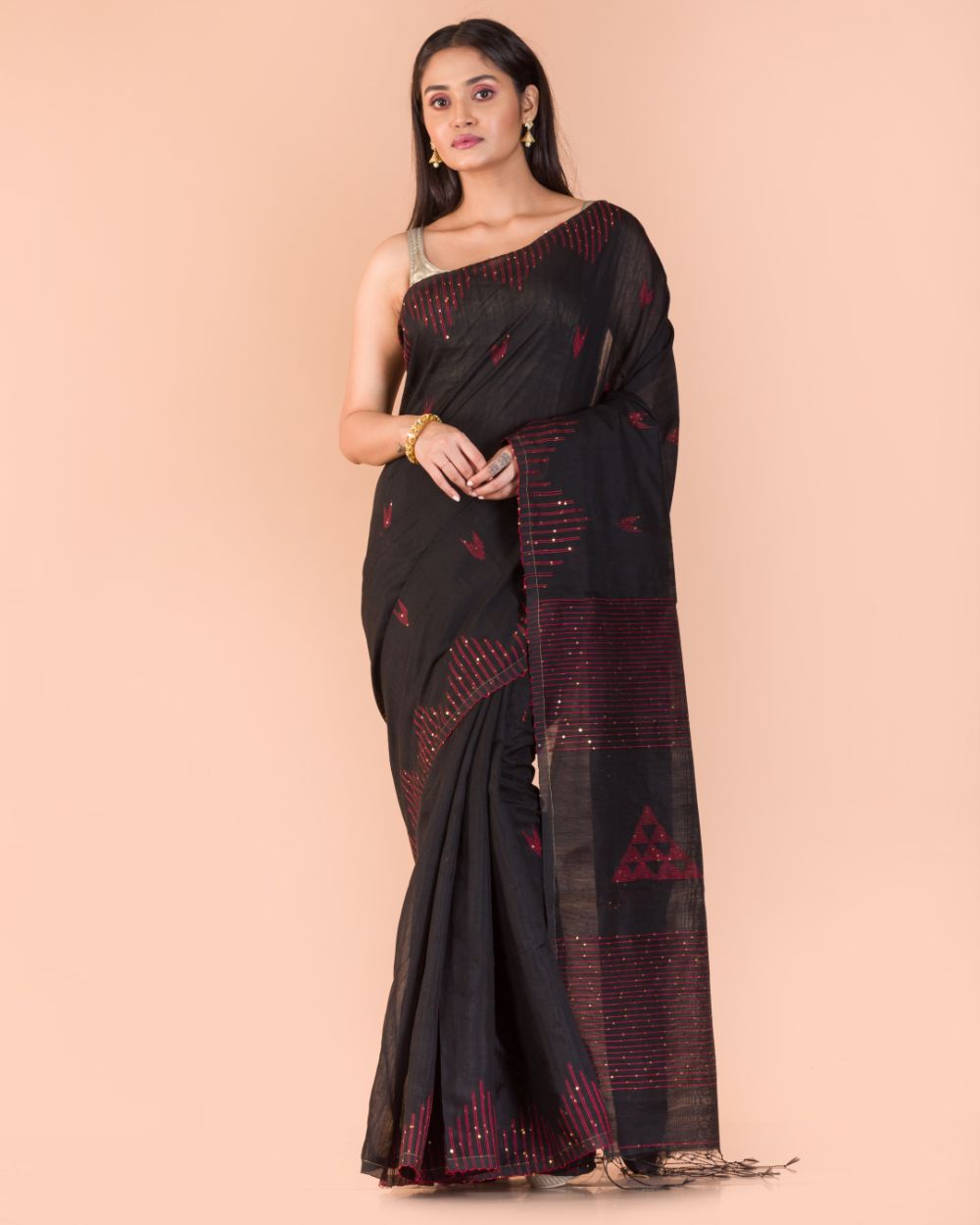Women's Black Cotton Blend Handloom Jamdani Saree - Piyari Fashion