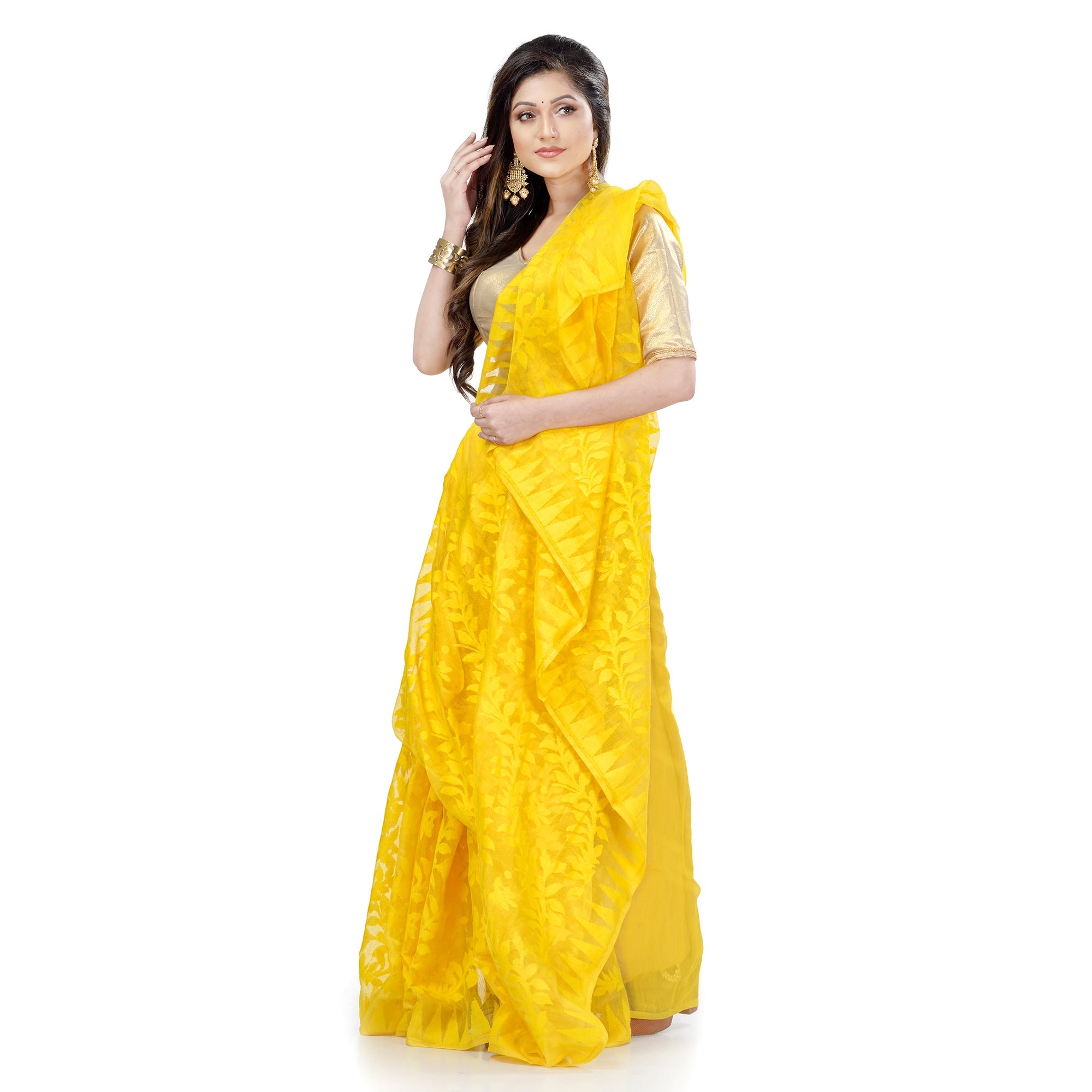 Women's Cotton Blend Handloom Yellow Jamdani Saree