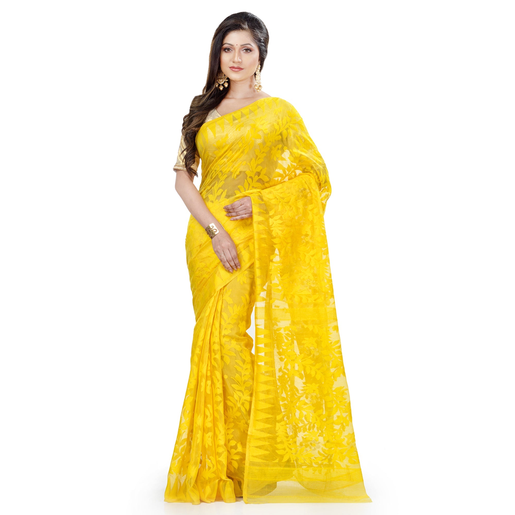 Women's Cotton Blend Handloom Yellow Jamdani Saree
