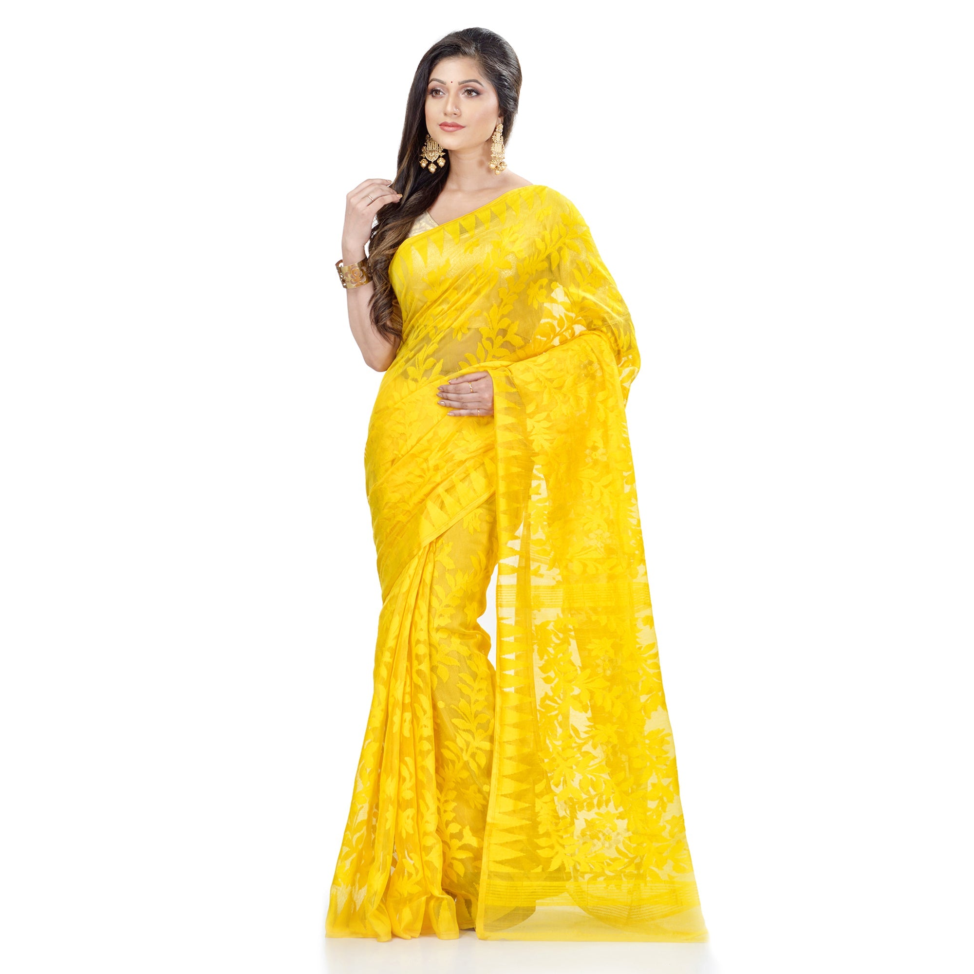 Women's Cotton Blend Handloom Yellow Jamdani Saree