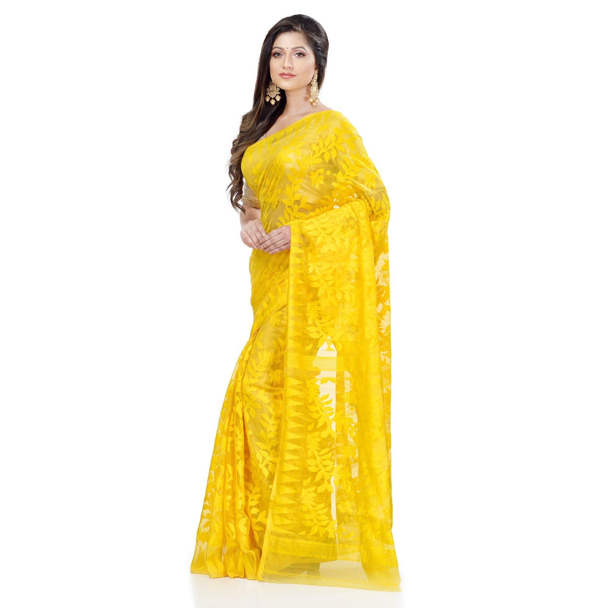 Women's Cotton Blend Handloom Yellow Jamdani Saree