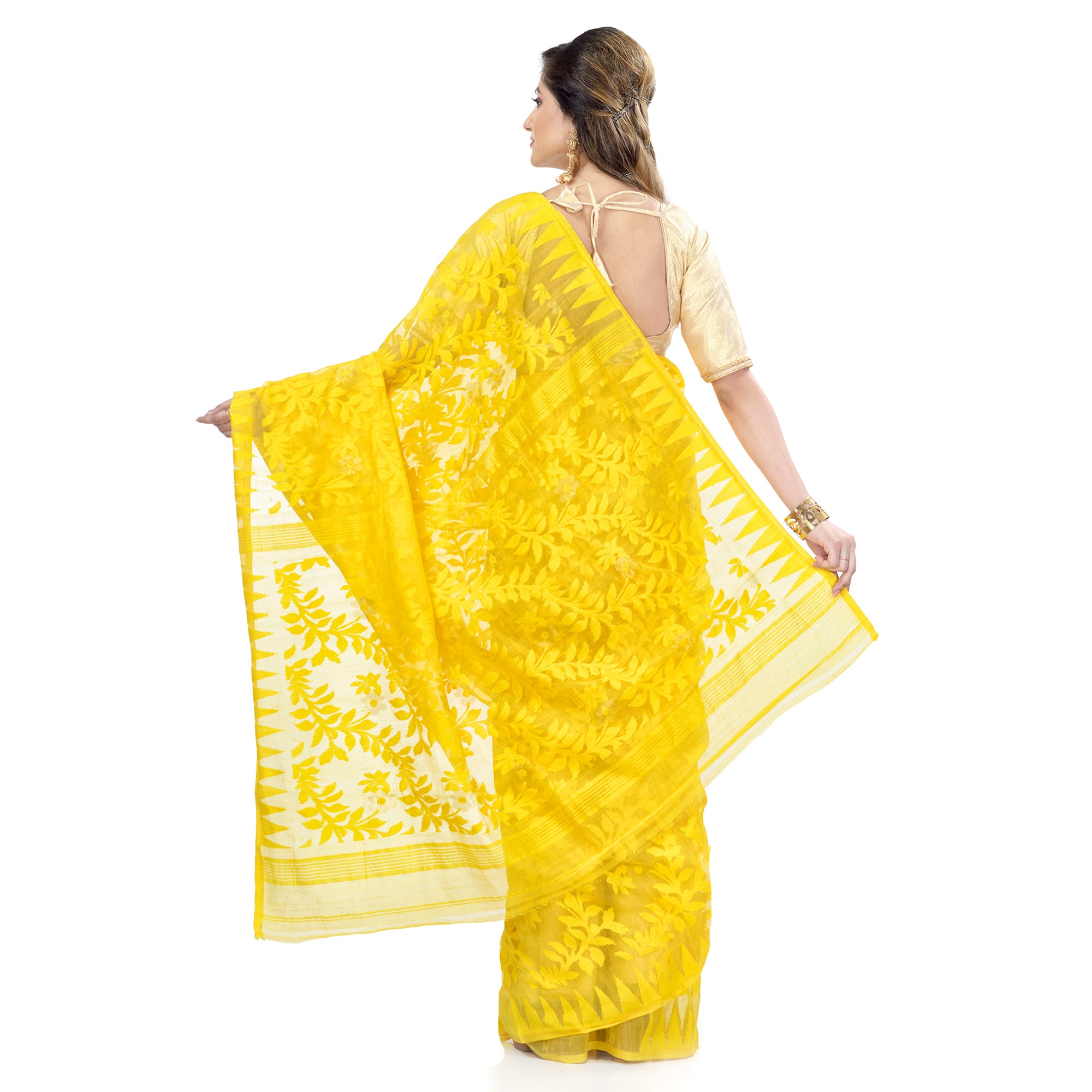 Women's Cotton Blend Handloom Yellow Jamdani Saree - Piyari Fashion