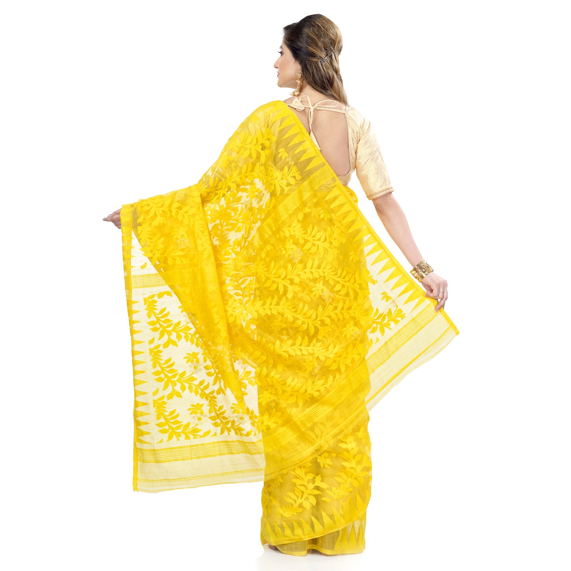 Women's Cotton Blend Handloom Yellow Jamdani Saree