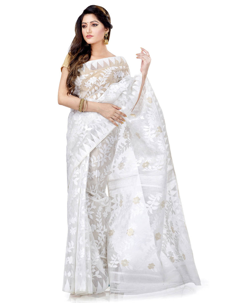 Women's Cotton Blend Handloom White Jamdani Saree