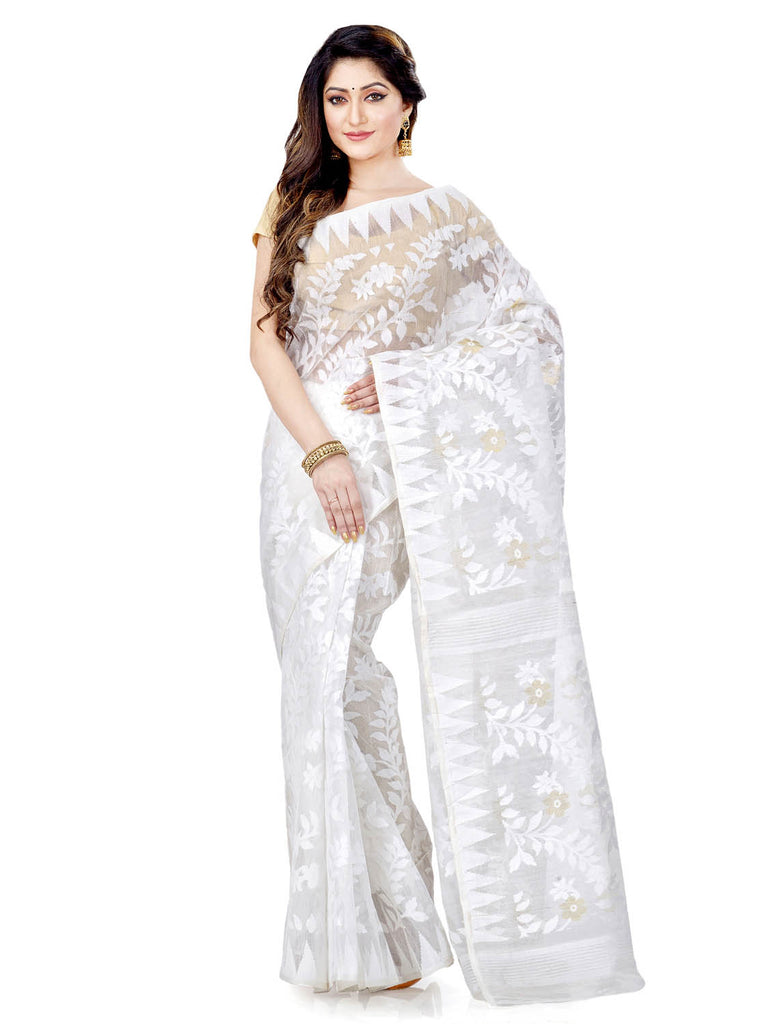 Women's Cotton Blend Handloom White Jamdani Saree