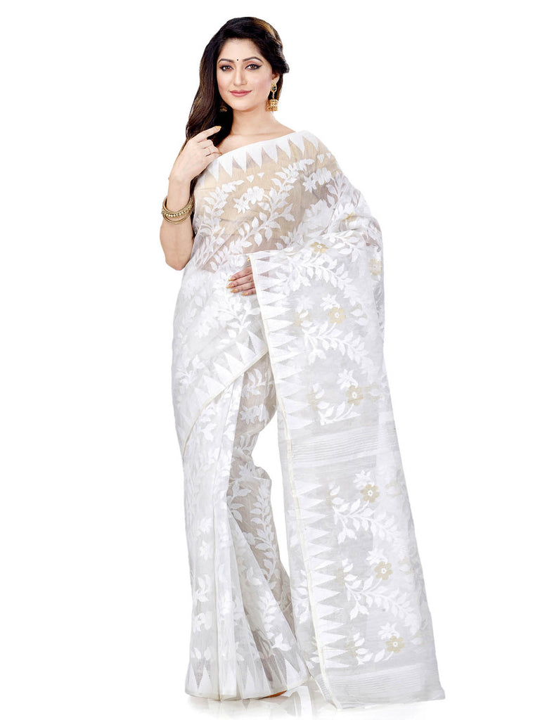 Women's Cotton Blend Handloom White Jamdani Saree