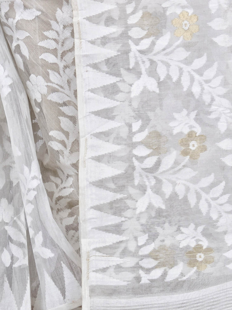 Women's Cotton Blend Handloom White Jamdani Saree