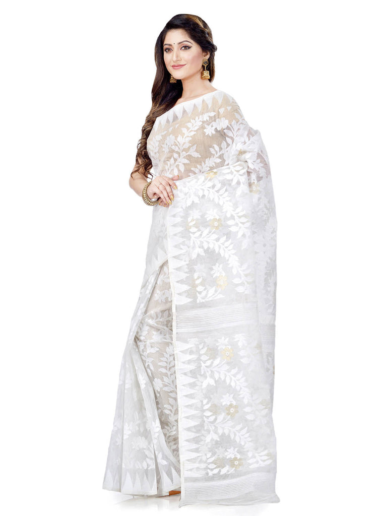 Women's Cotton Blend Handloom White Jamdani Saree