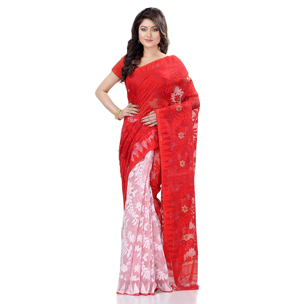 Women's Cotton Blend Handloom Red White Jamdani Saree