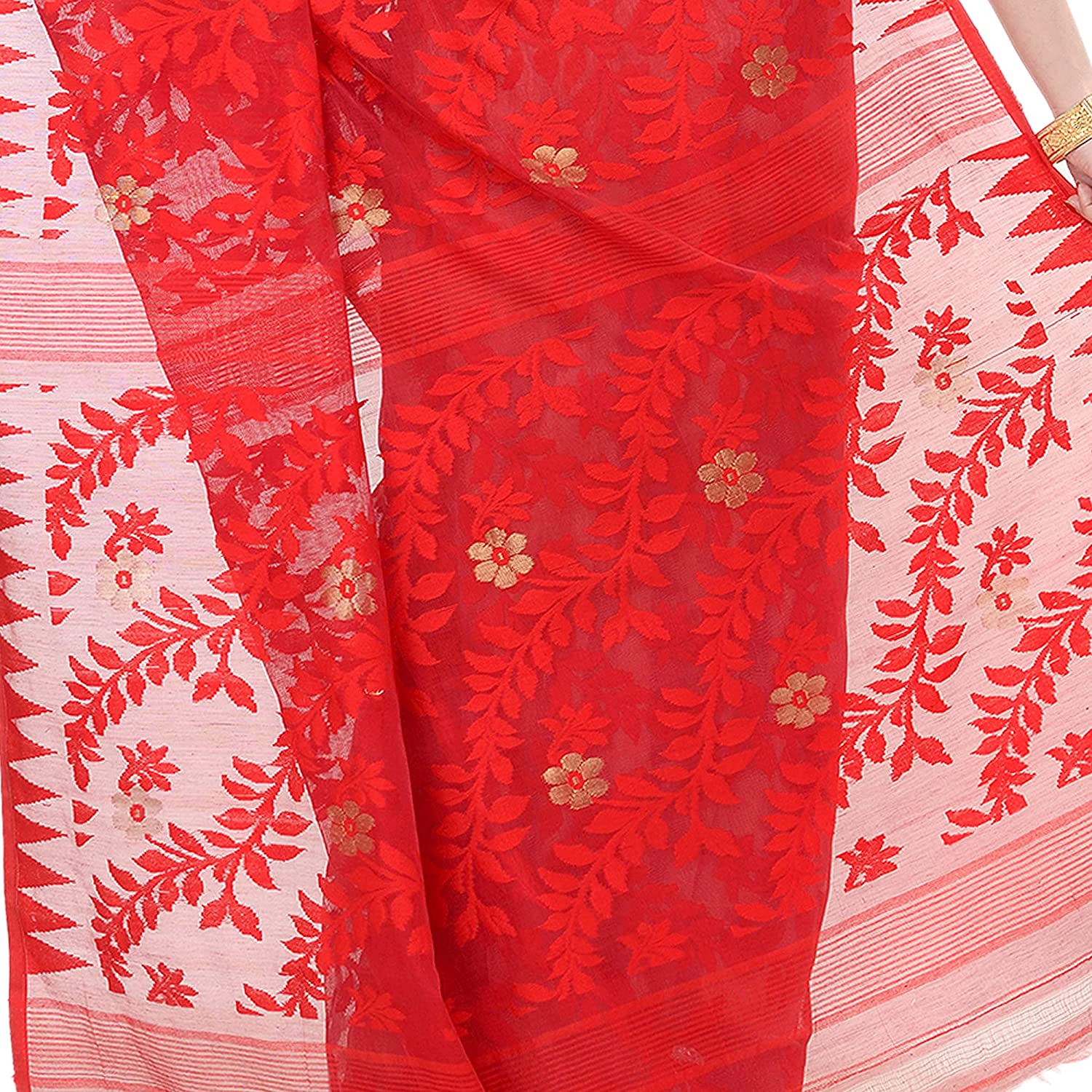 Women's Cotton Blend Handloom Red White Jamdani Saree - Piyari Fashion