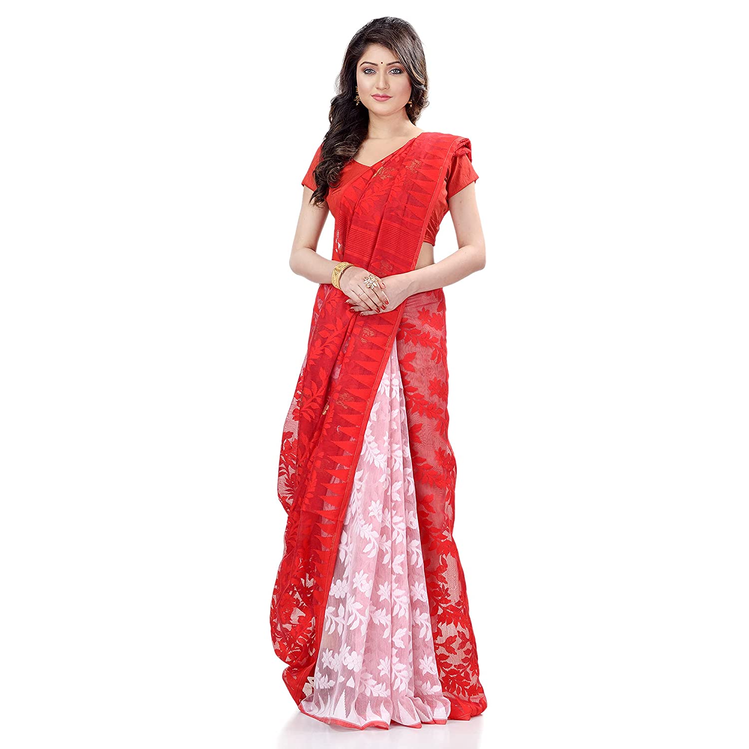 Women's Cotton Blend Handloom Red White Jamdani Saree - Piyari Fashion