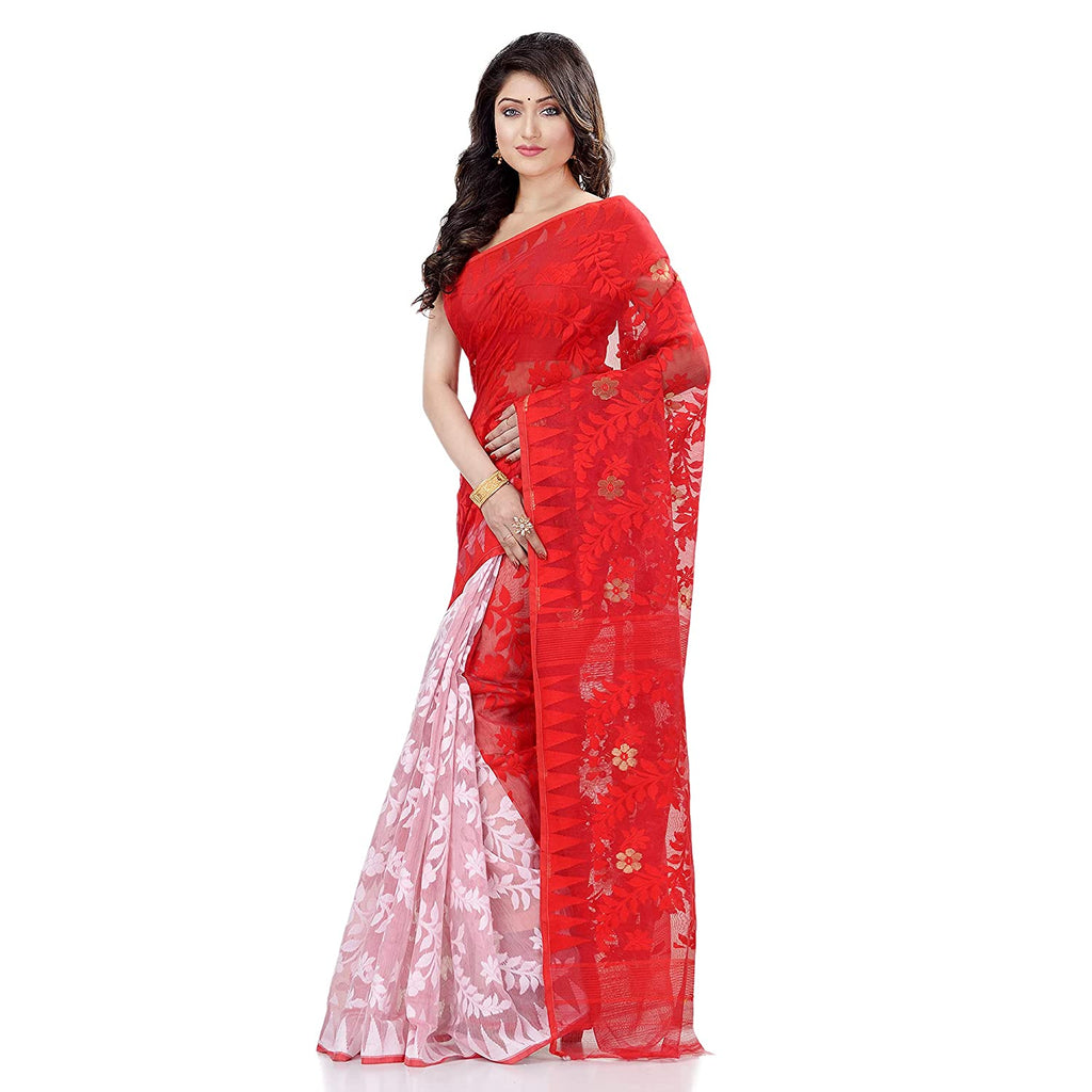 Women's Cotton Blend Handloom Red White Jamdani Saree