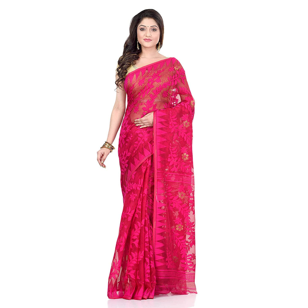 Women's Cotton Blend Handloom Pink Jamdani Saree