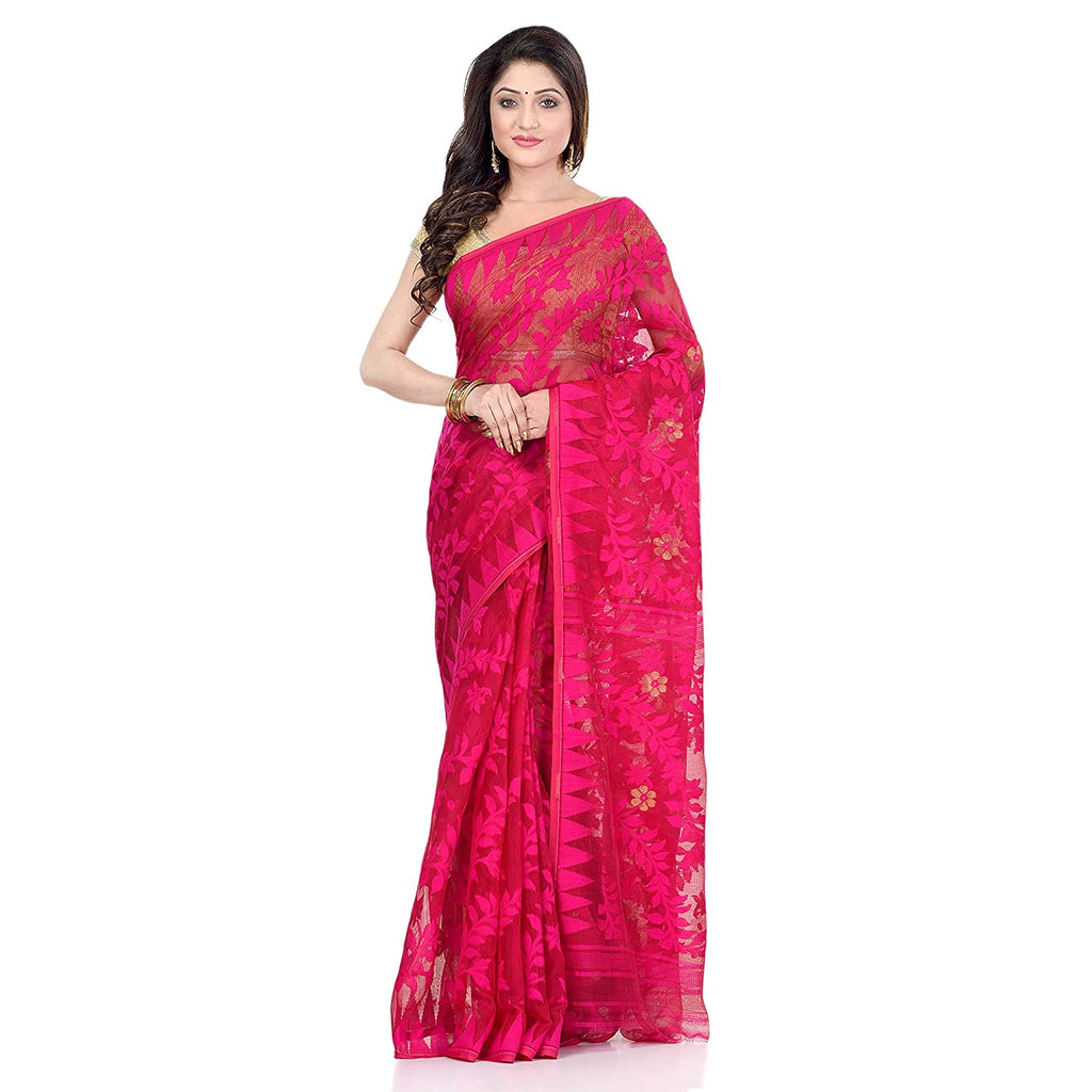 Women's Cotton Blend Handloom Pink Jamdani Saree