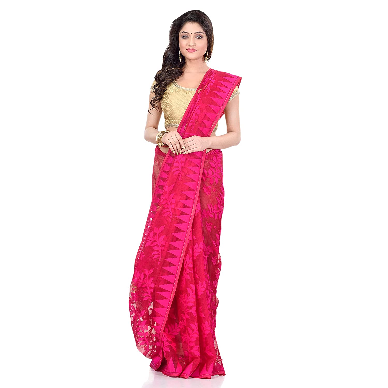 Women's Cotton Blend Handloom Pink Jamdani Saree - Piyari Fashion
