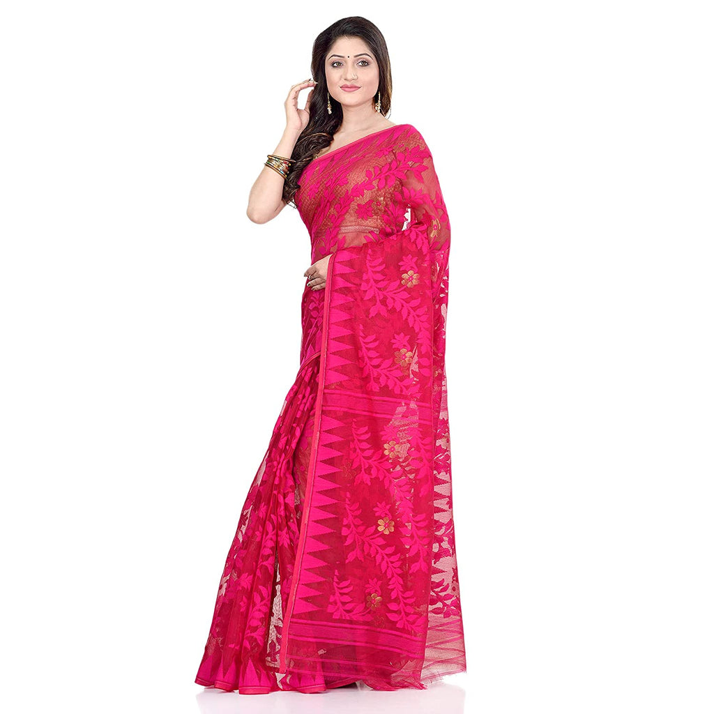 Women's Cotton Blend Handloom Pink Jamdani Saree