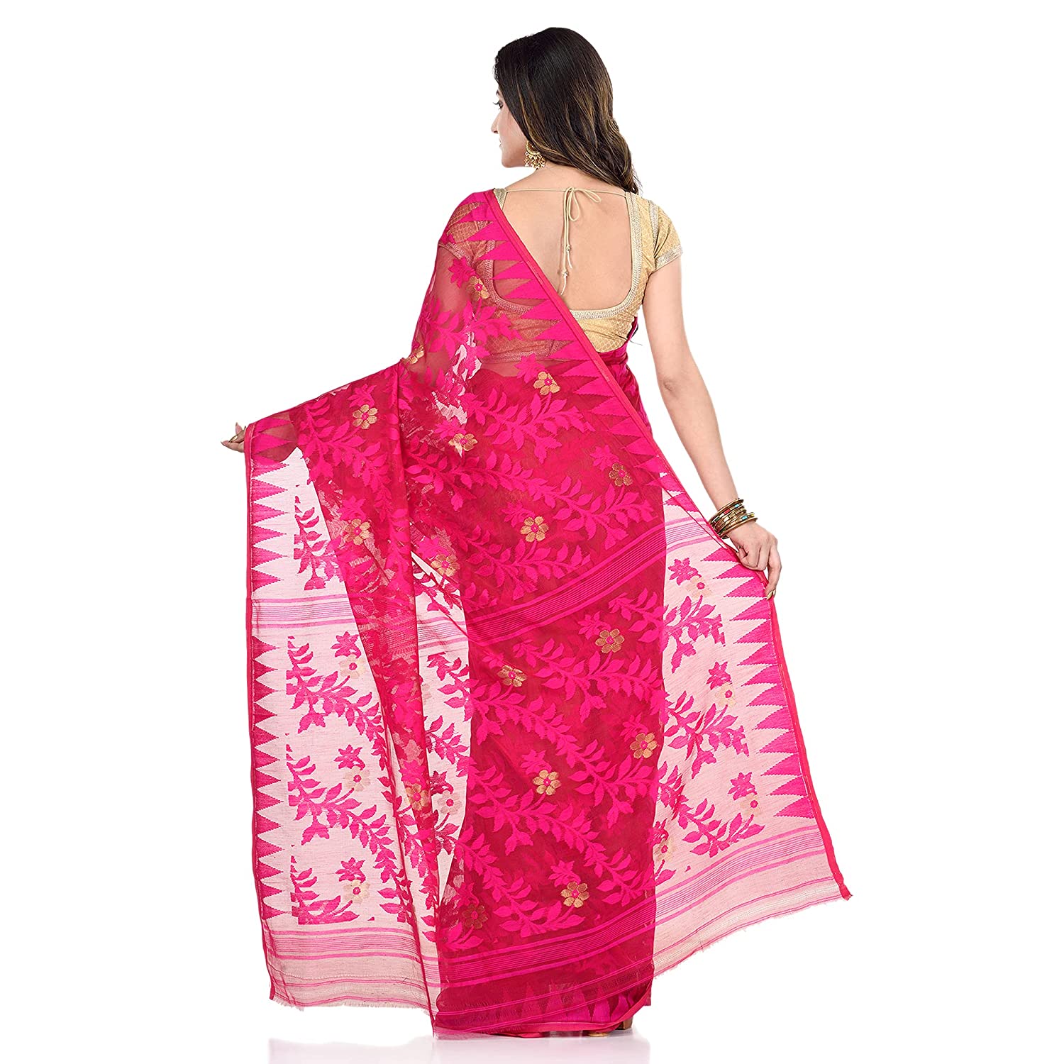 Women's Cotton Blend Handloom Pink Jamdani Saree - Piyari Fashion