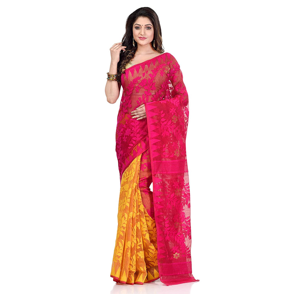 Women's Cotton Blend Handloom Yellow Pink Jamdani Saree