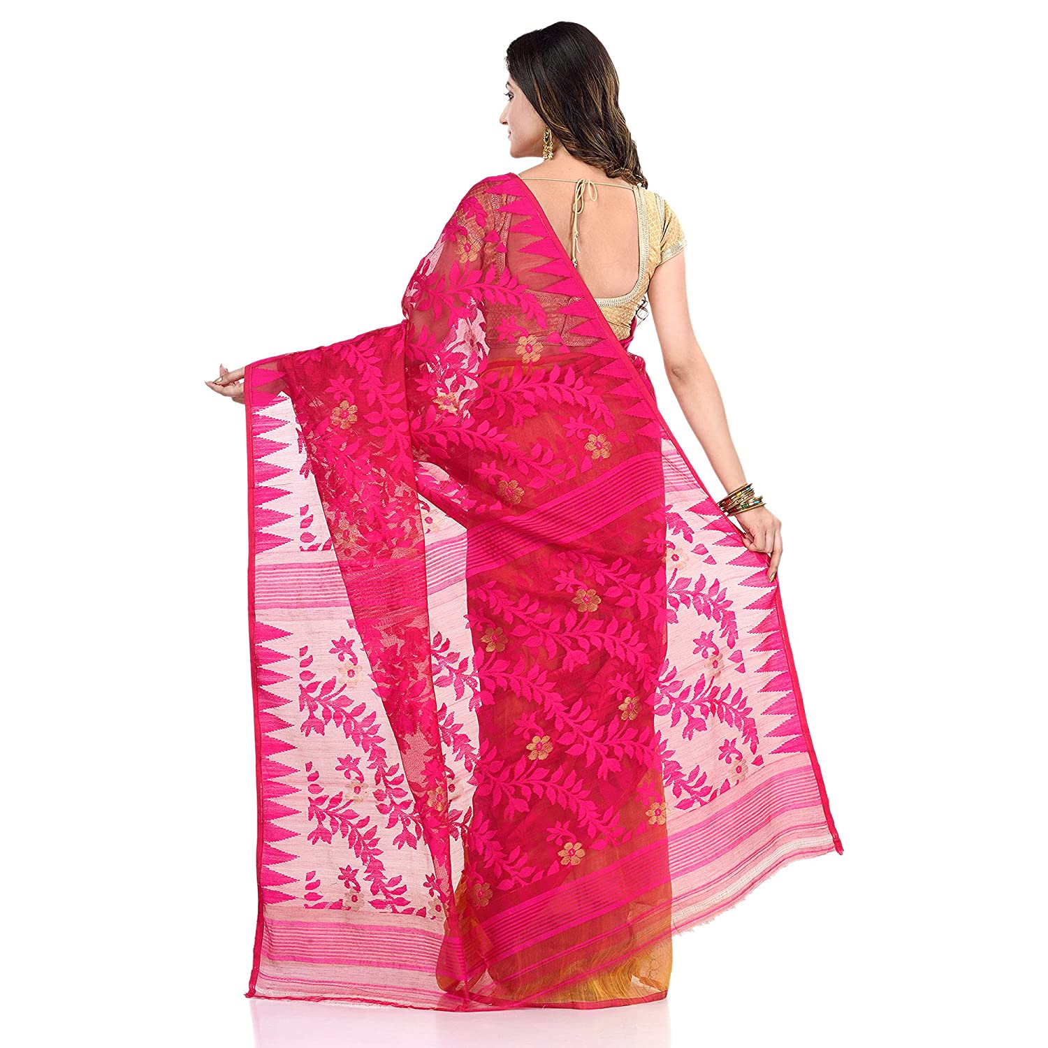 Women's Cotton Blend Handloom Yellow Pink Jamdani Saree - Piyari Fashion