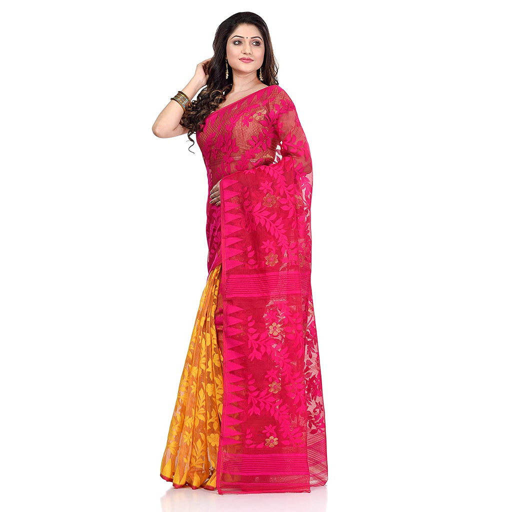 Women's Cotton Blend Handloom Yellow Pink Jamdani Saree