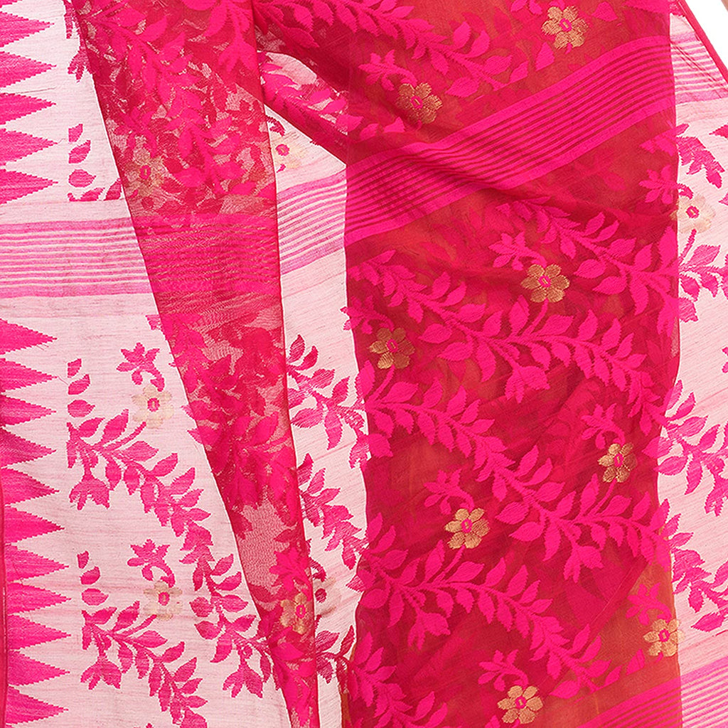 Women's Cotton Blend Handloom Yellow Pink Jamdani Saree