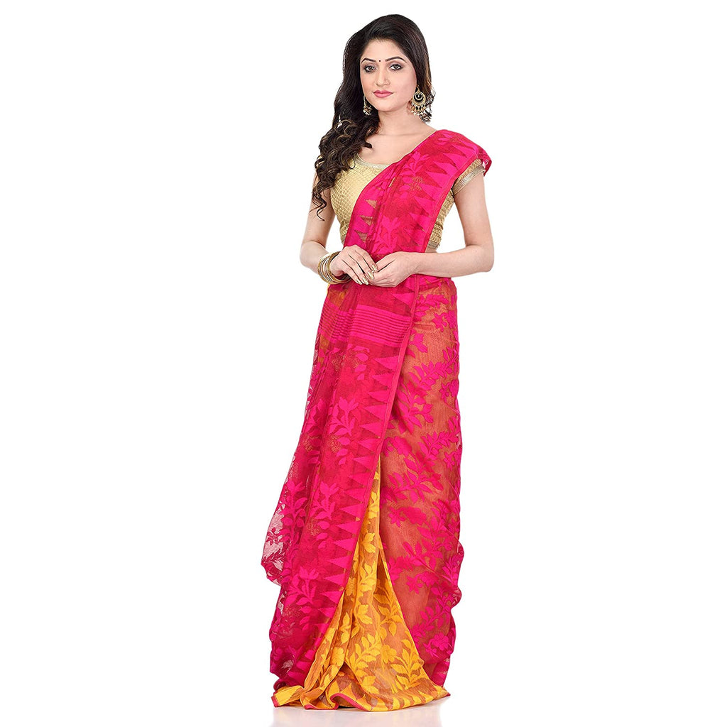 Women's Cotton Blend Handloom Yellow Pink Jamdani Saree