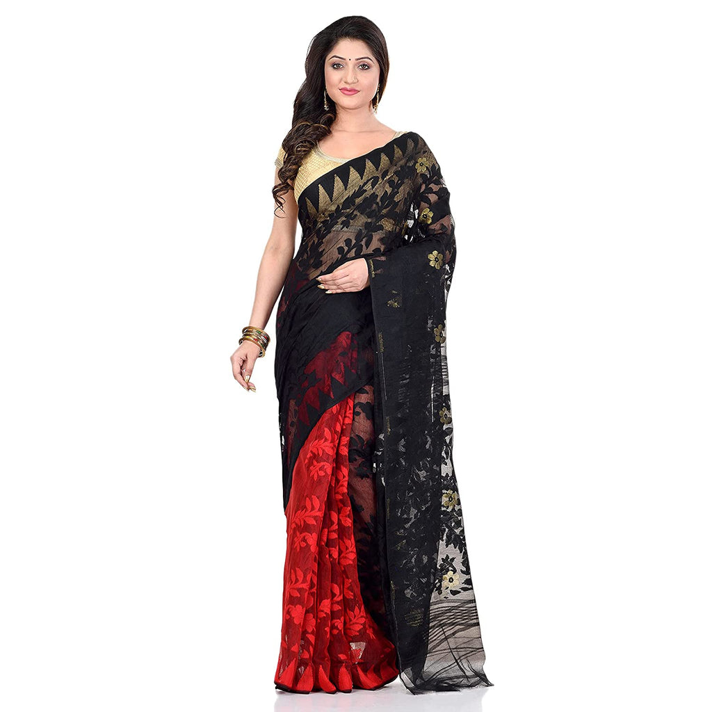 Women's Cotton Blend Handloom Black Red Jamdani Saree