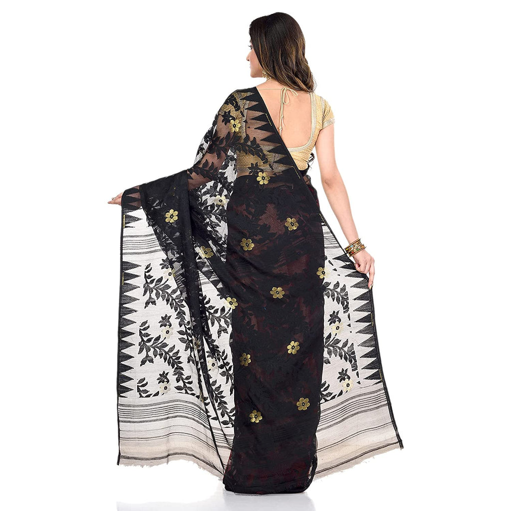 Women's Cotton Blend Handloom Black Red Jamdani Saree