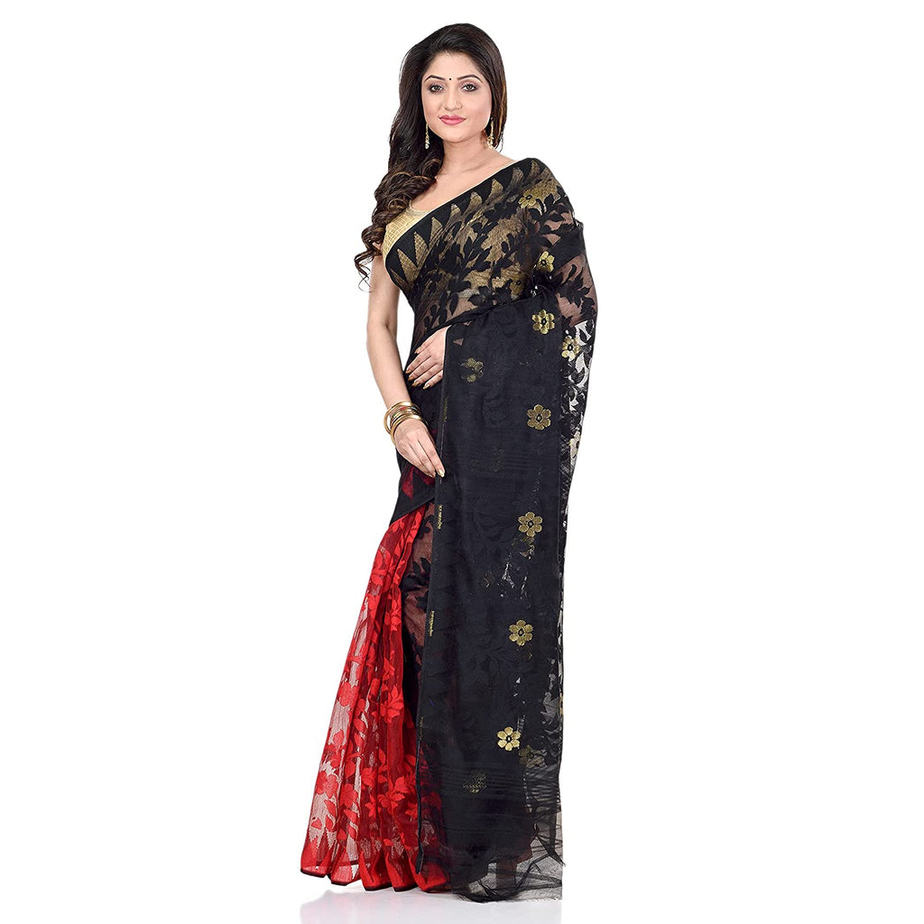 Women's Cotton Blend Handloom Black Red Jamdani Saree