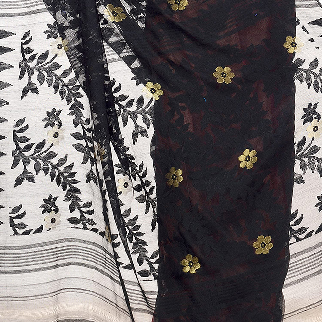 Women's Cotton Blend Handloom Black Red Jamdani Saree
