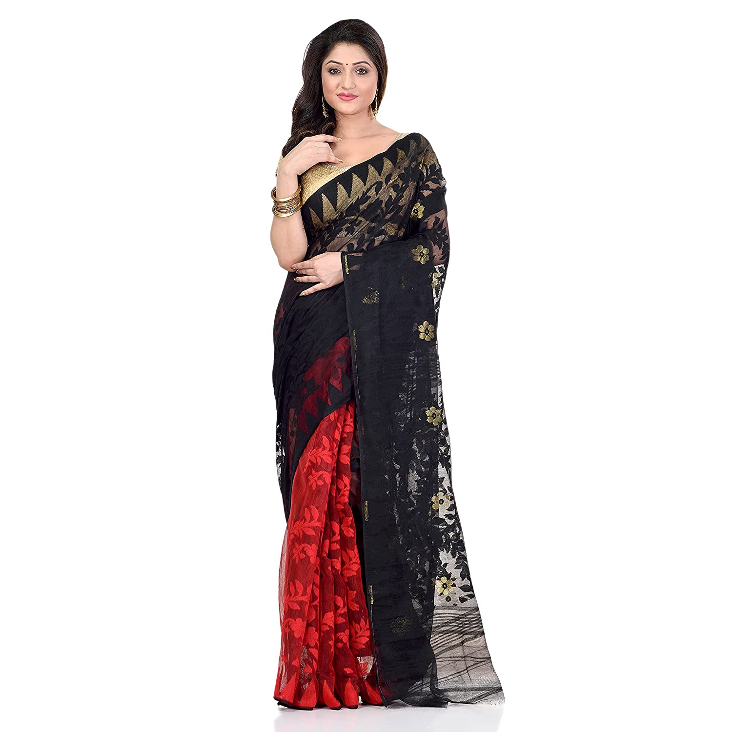 Women's Cotton Blend Handloom Black Red Jamdani Saree - Piyari Fashion