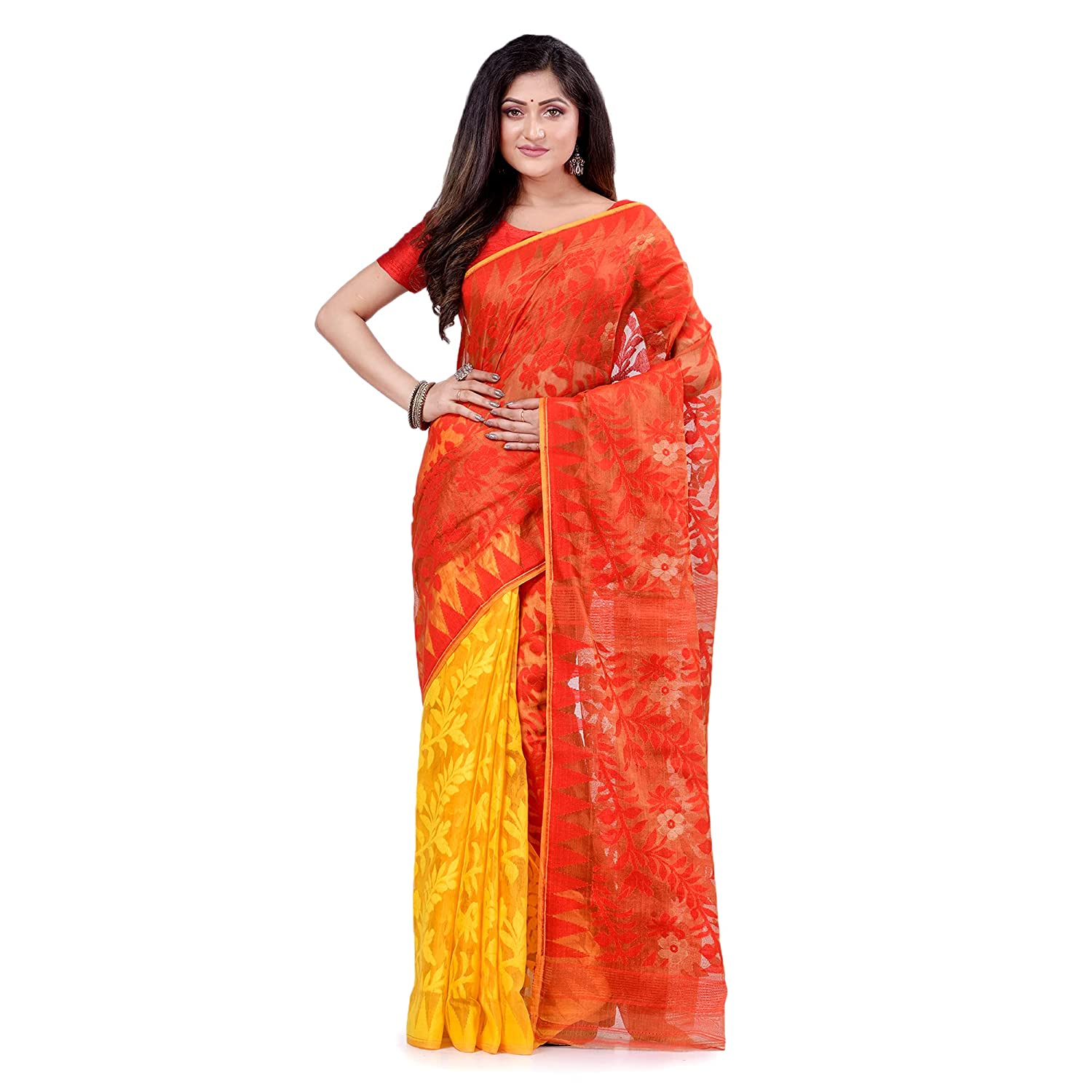 Women's Cotton Blend Handloom Yellow Orange Jamdani Saree - Piyari Fashion
