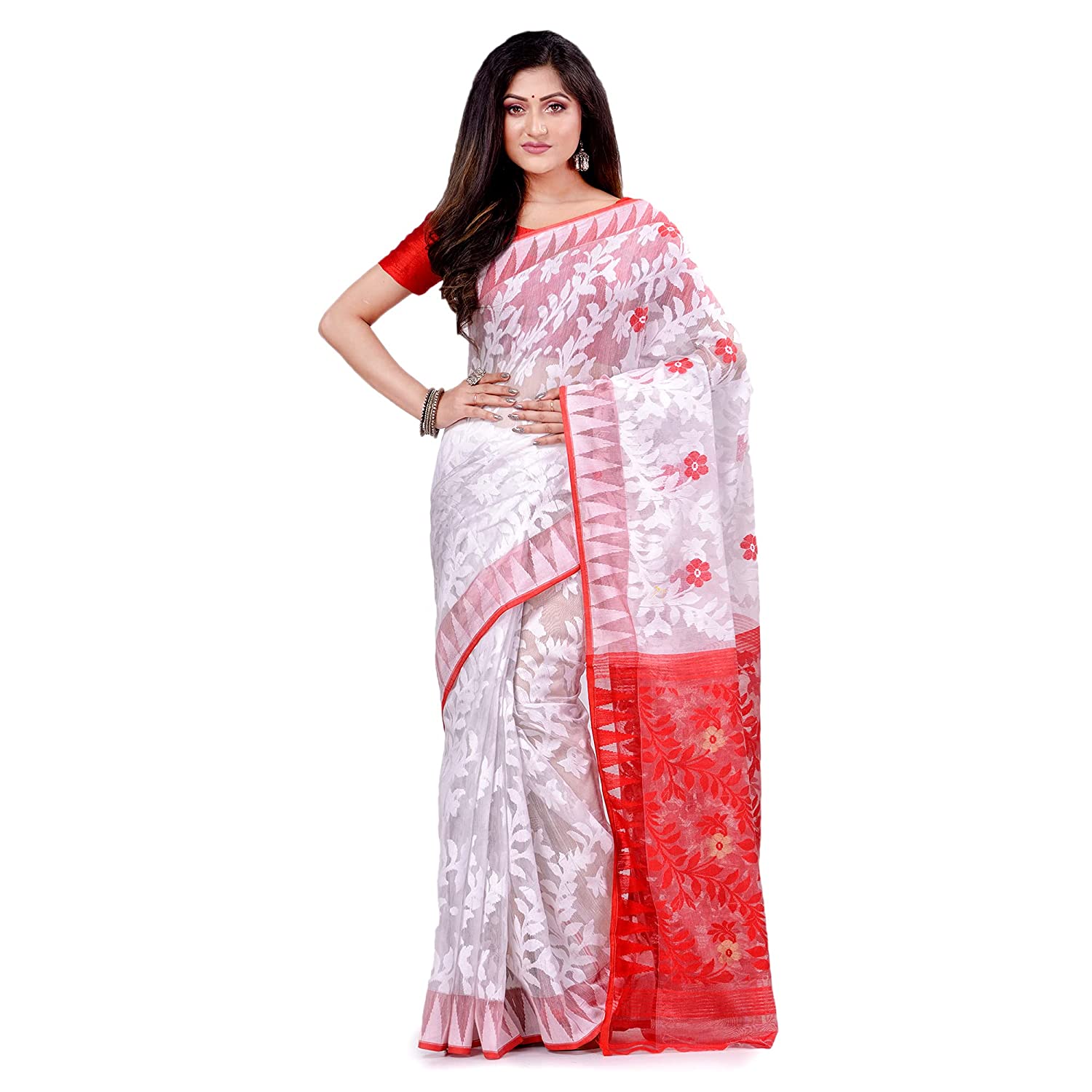 Women's Cotton Blend Handloom White Jamdani Saree - Piyari Fashion