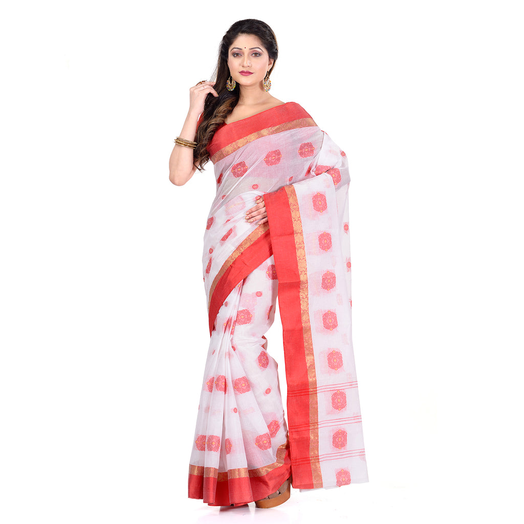 Women's Handloom Cotton White Tant Saree
