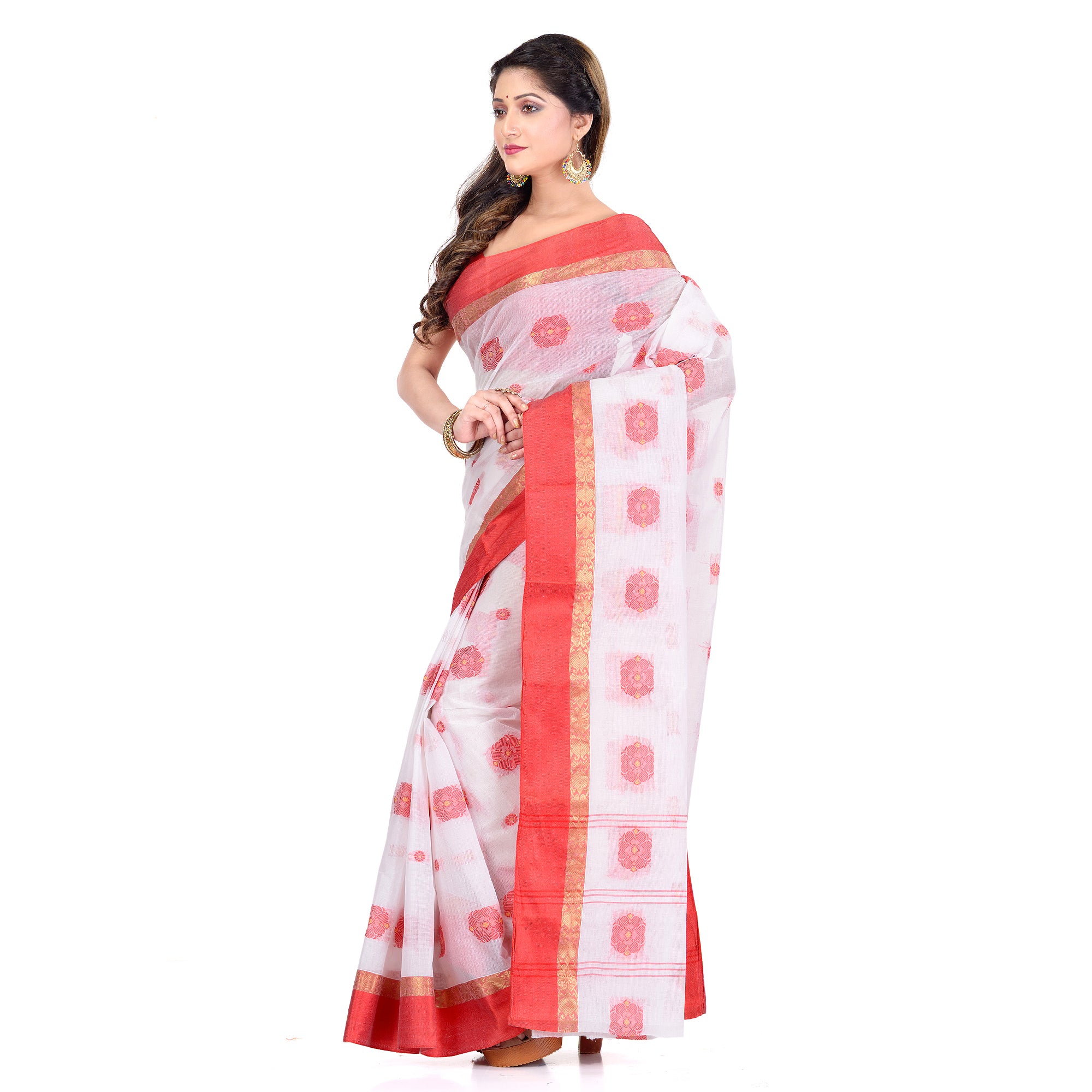 Women's Handloom Cotton White Tant Saree - Piyari Fashion
