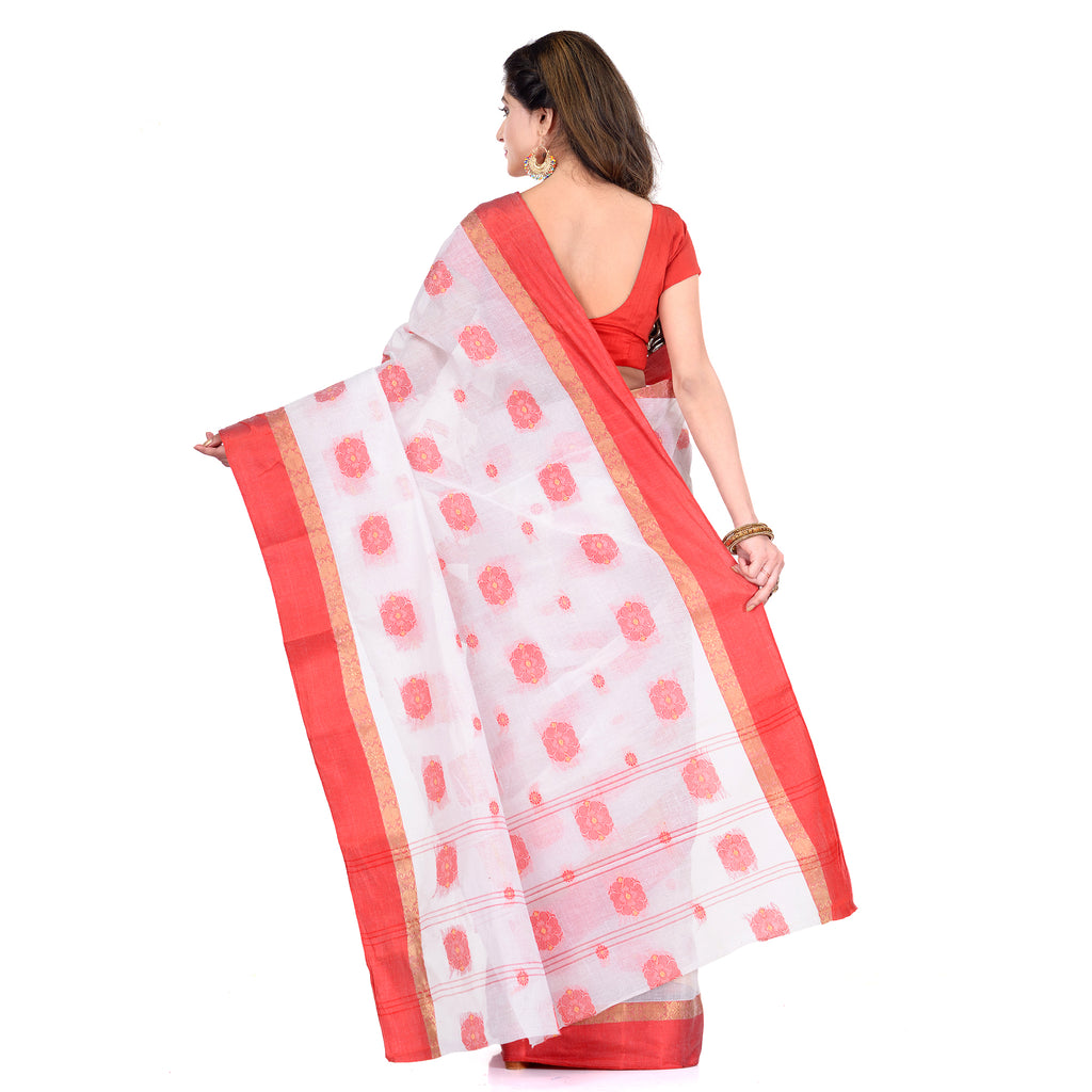 Women's Handloom Cotton White Tant Saree
